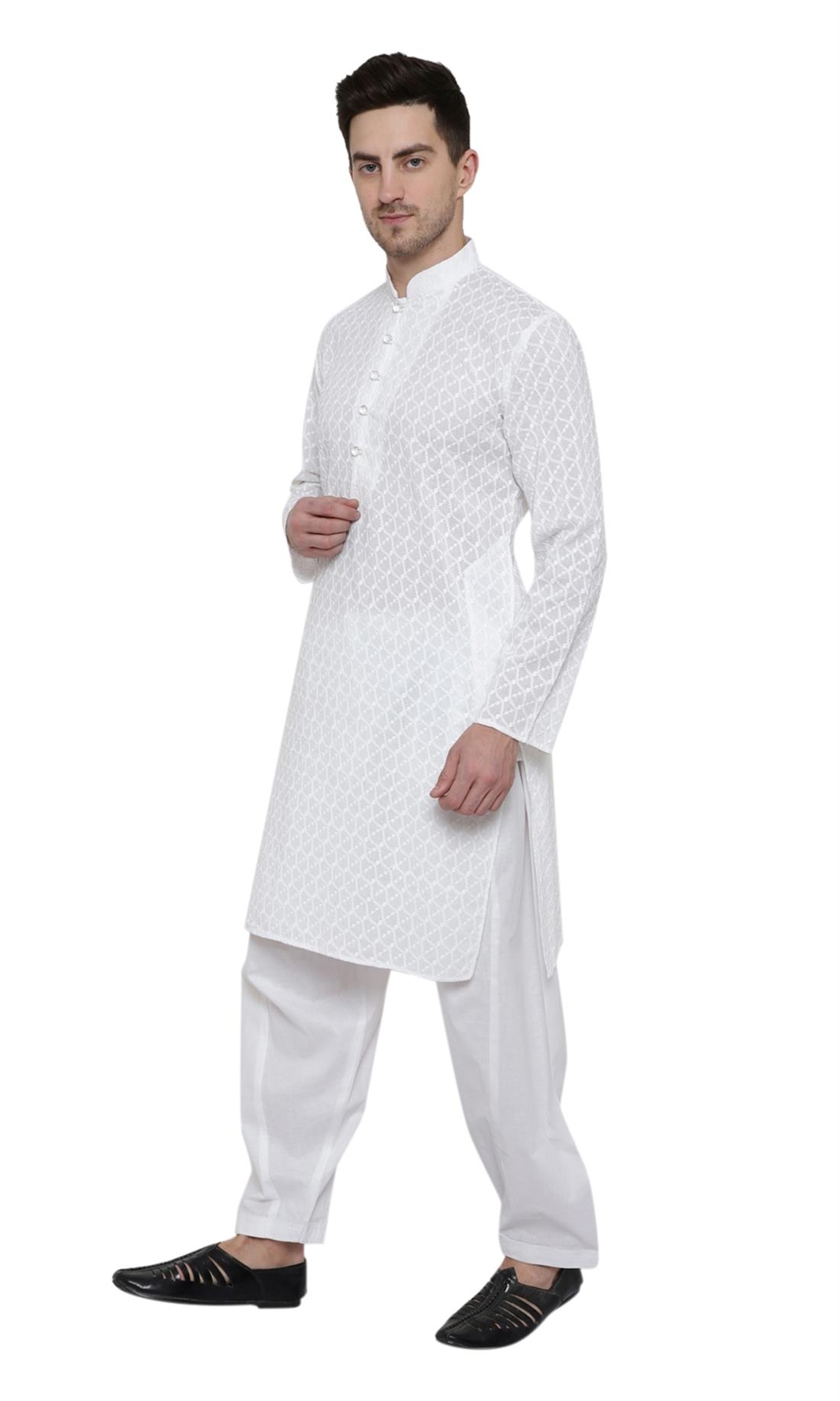 White Printed Cotton Mens Shalwar Kameez