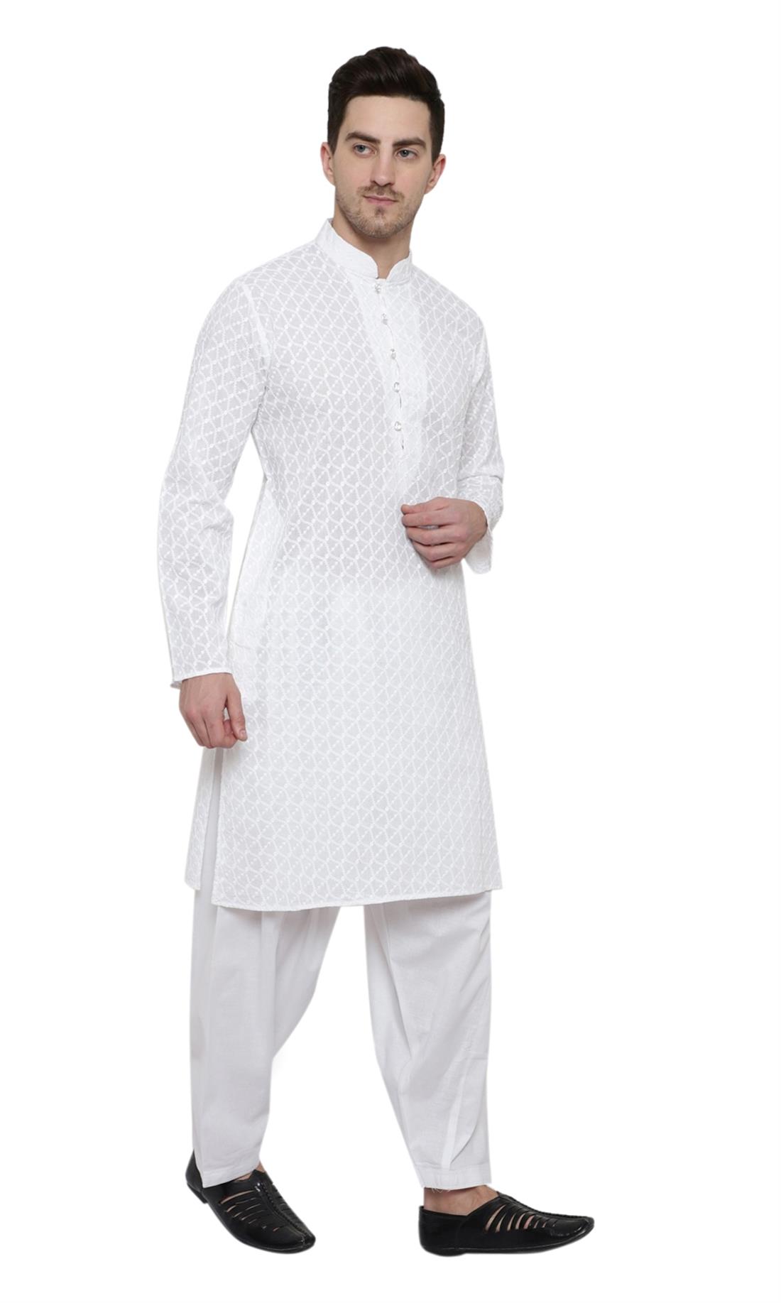 White Printed Cotton Mens Shalwar Kameez