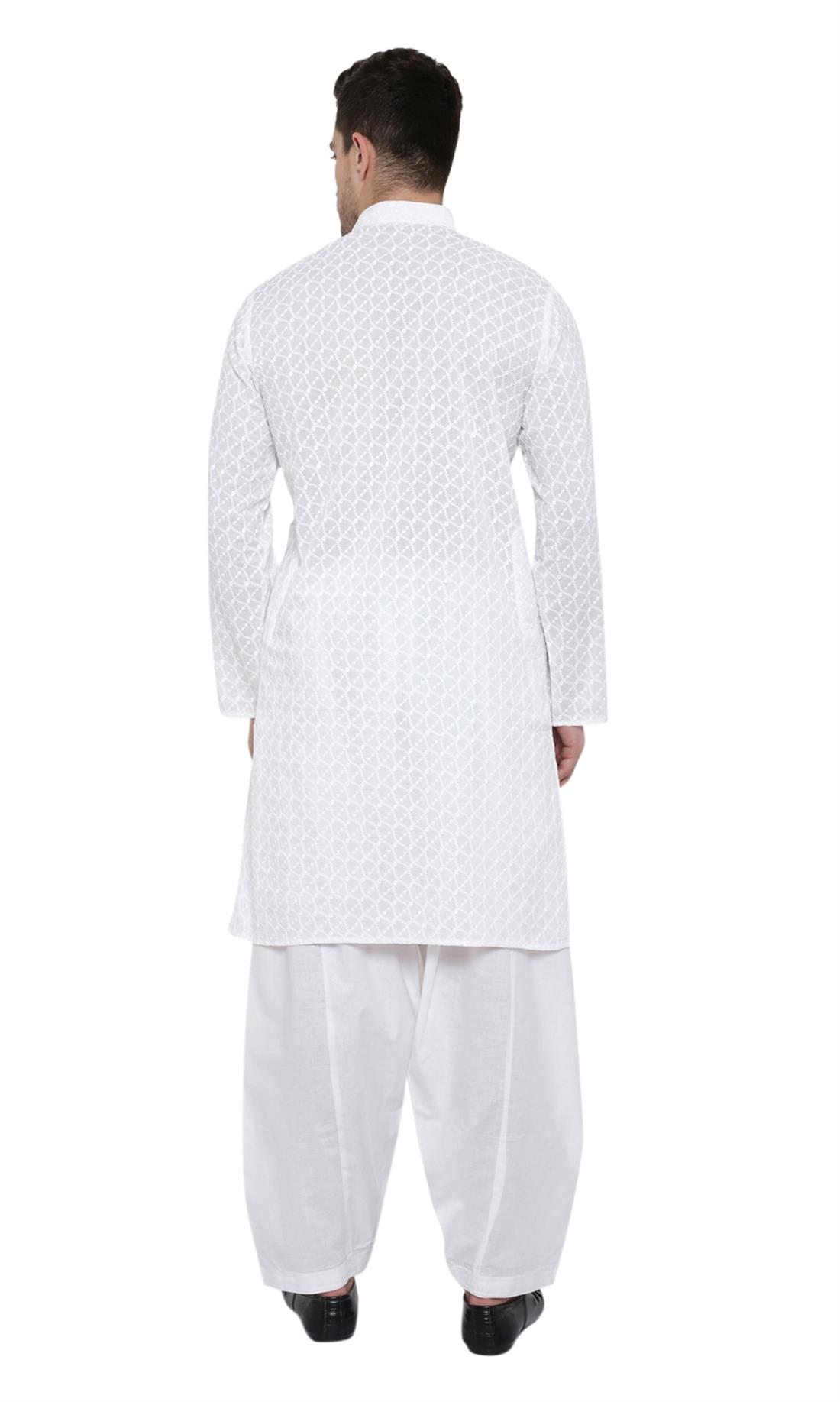 White Printed Cotton Mens Shalwar Kameez