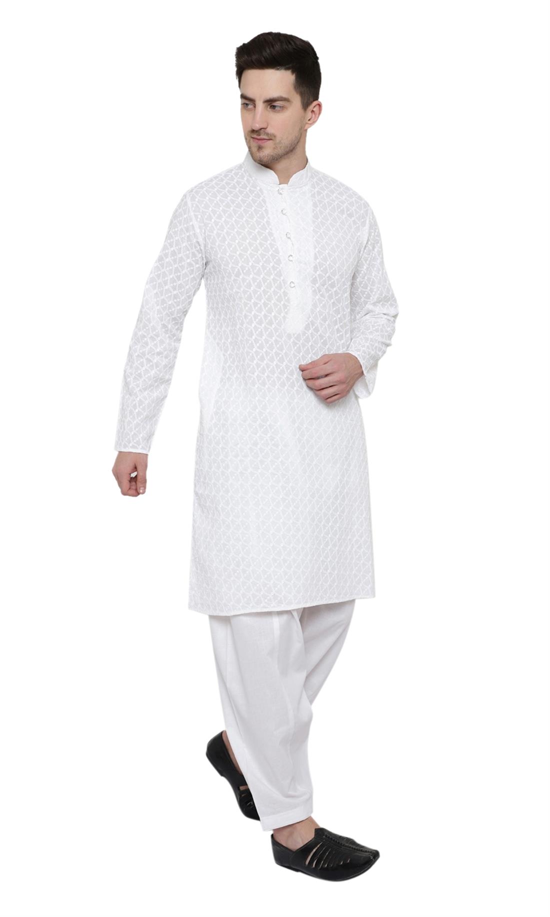 White Printed Cotton Mens Shalwar Kameez