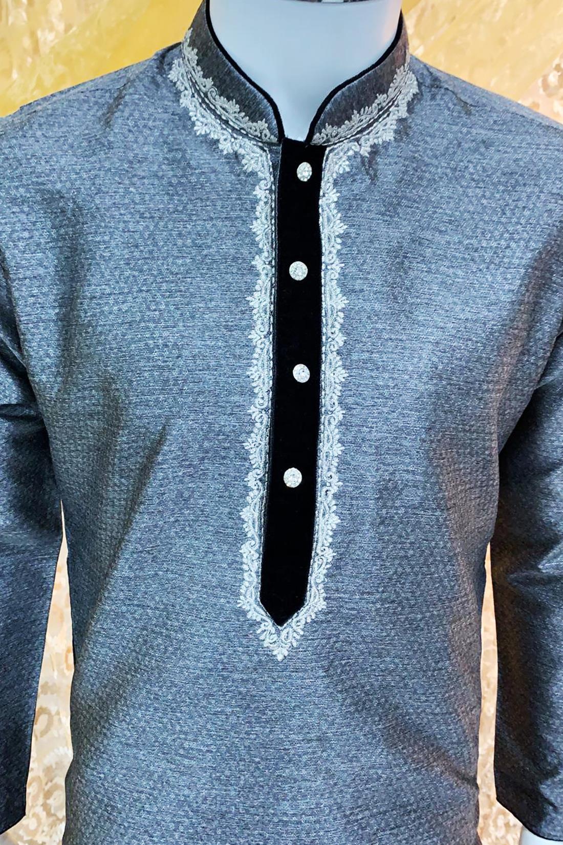 Grey Embroidered Velvet Mens Shalwar Kameez