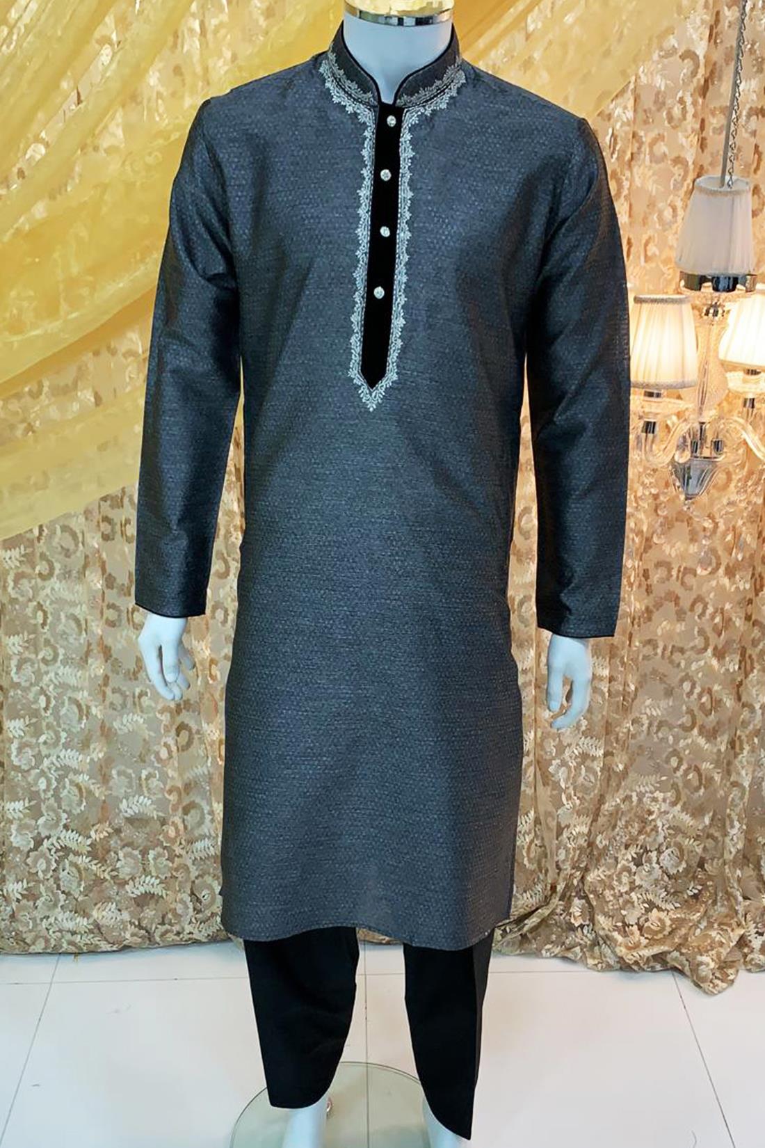 Grey Embroidered Velvet Mens Shalwar Kameez