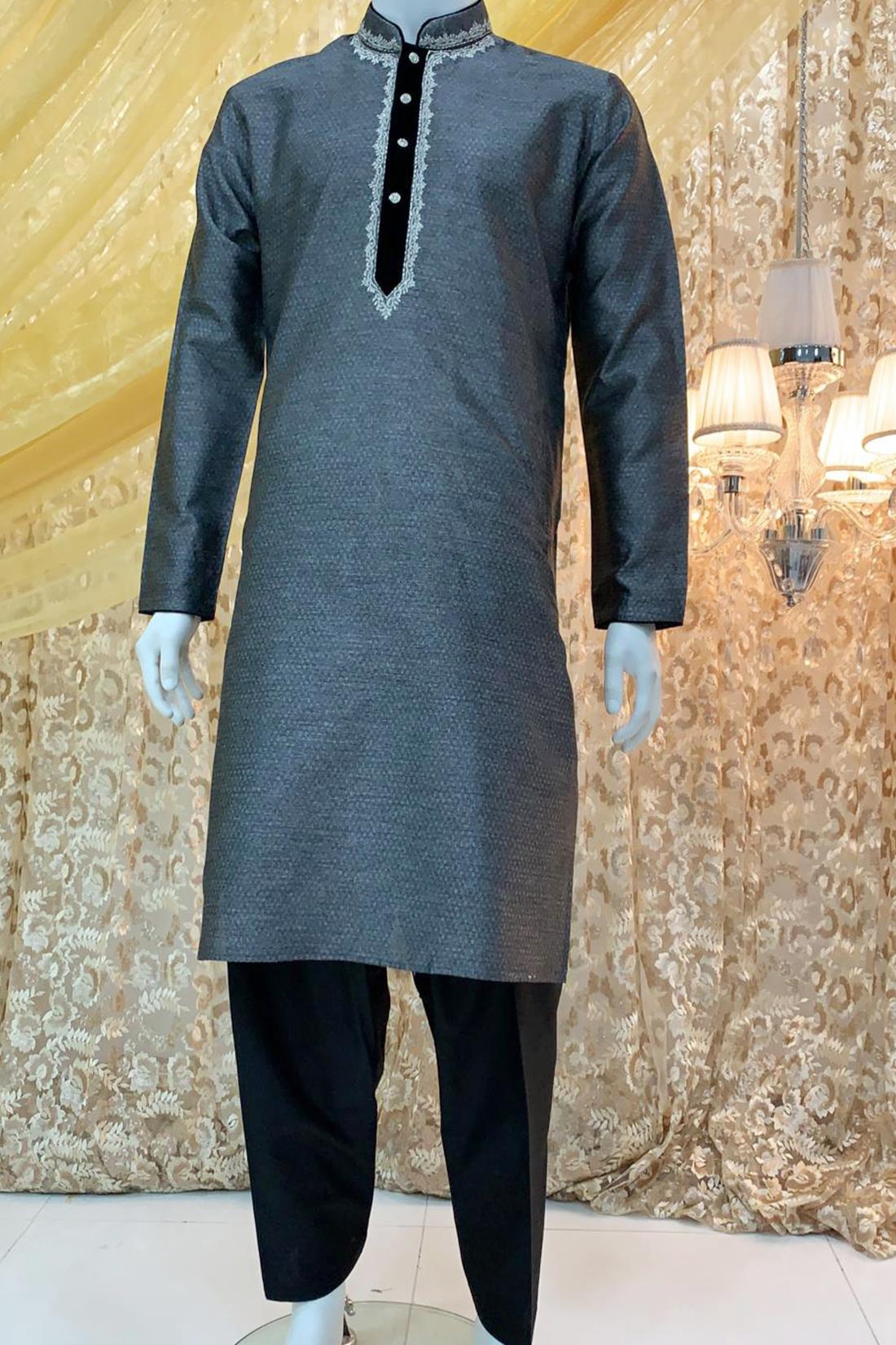 Grey Embroidered Velvet Mens Shalwar Kameez