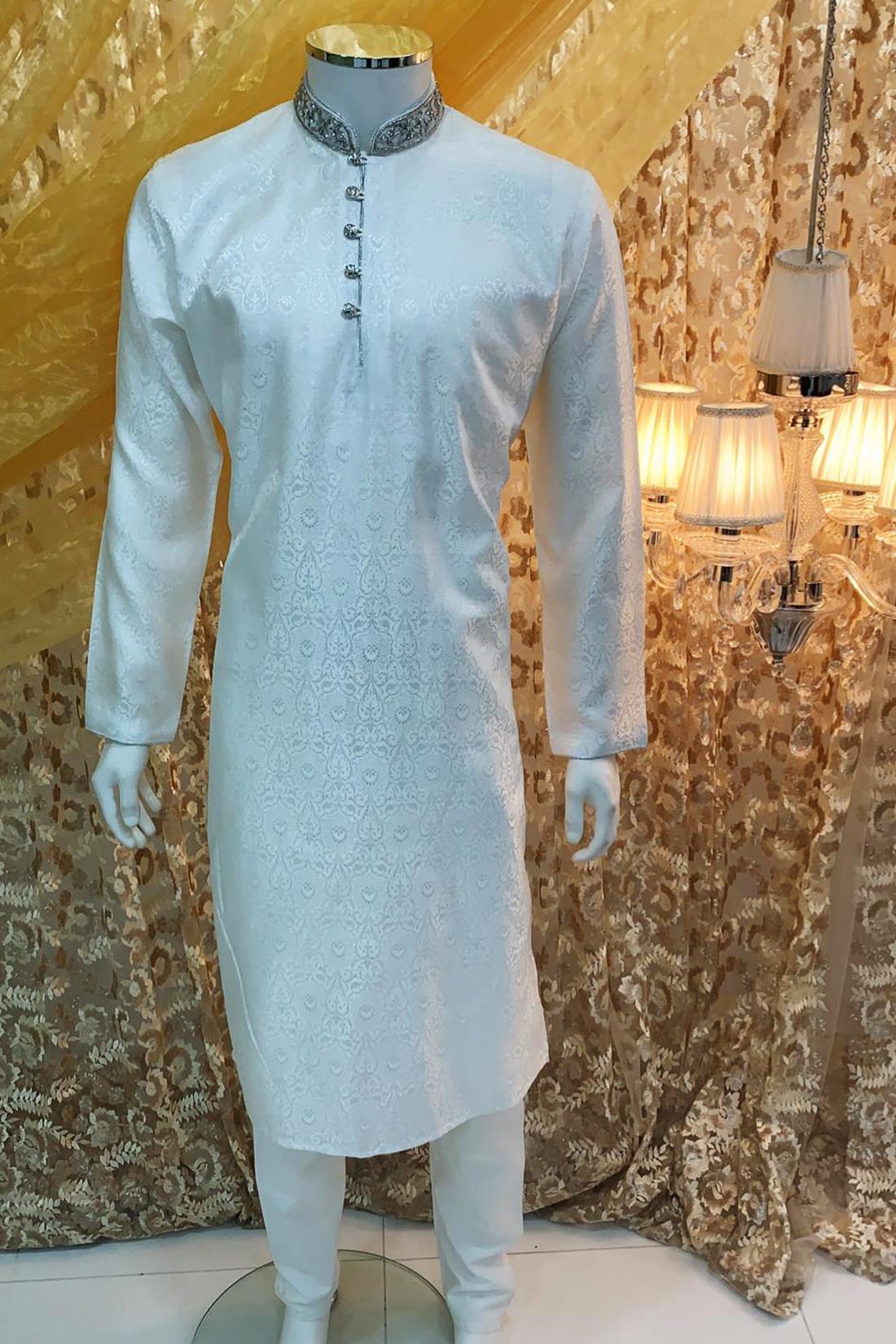 Ivory Embroidered Mens Kurta Pajama