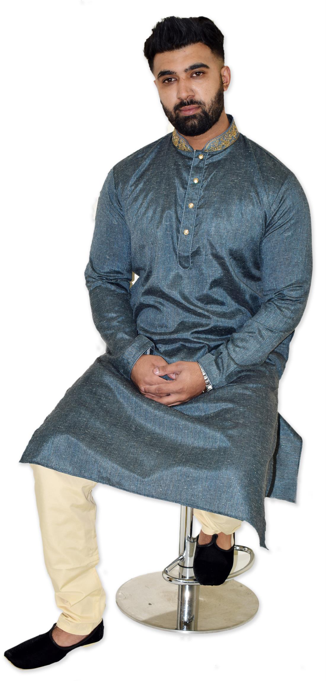 Grey Embroidered Mens Kurta Pajama