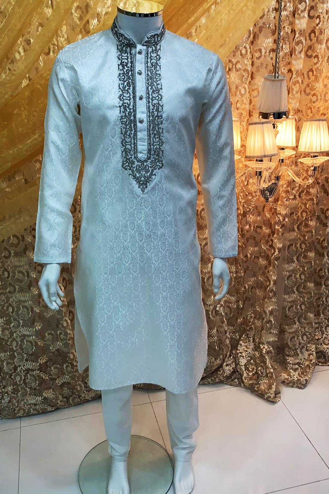 Ivory Embroidered Mens Kurta Pajama