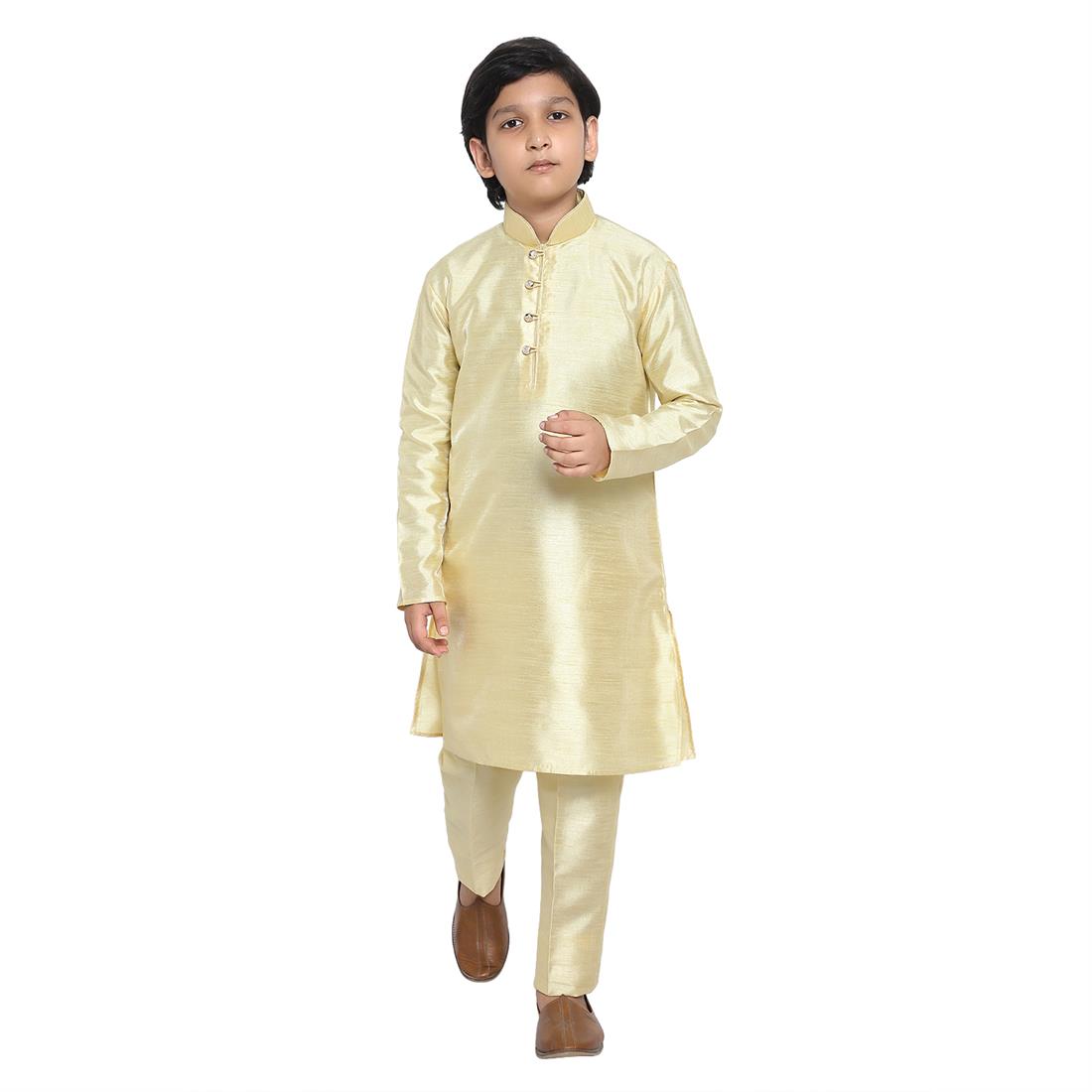 ART DUPION KURTA PAJAMA WITH BEAUTIFUL MACHINE EMBROIDERY ON THE COLLAR .