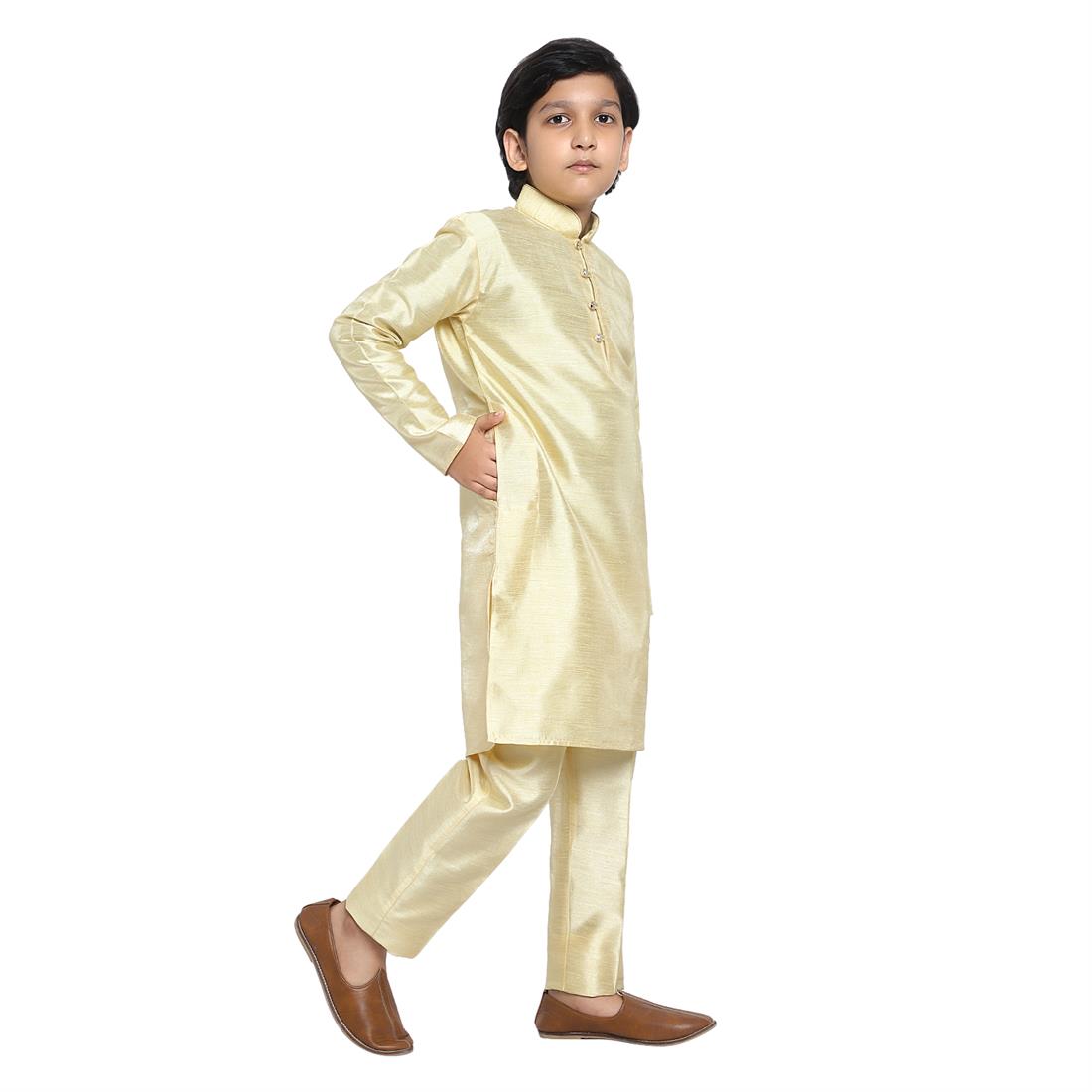 ART DUPION KURTA PAJAMA WITH BEAUTIFUL MACHINE EMBROIDERY ON THE COLLAR .