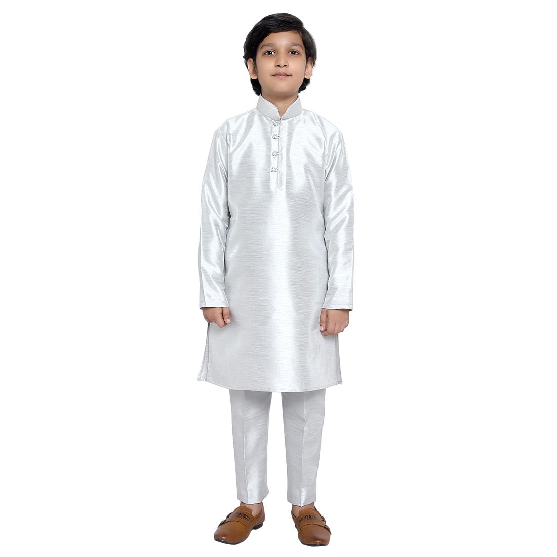 ART DUPION KURTA PAJAMA WITH BEAUTIFUL MACHINE EMBROIDERY ON THE COLLAR .