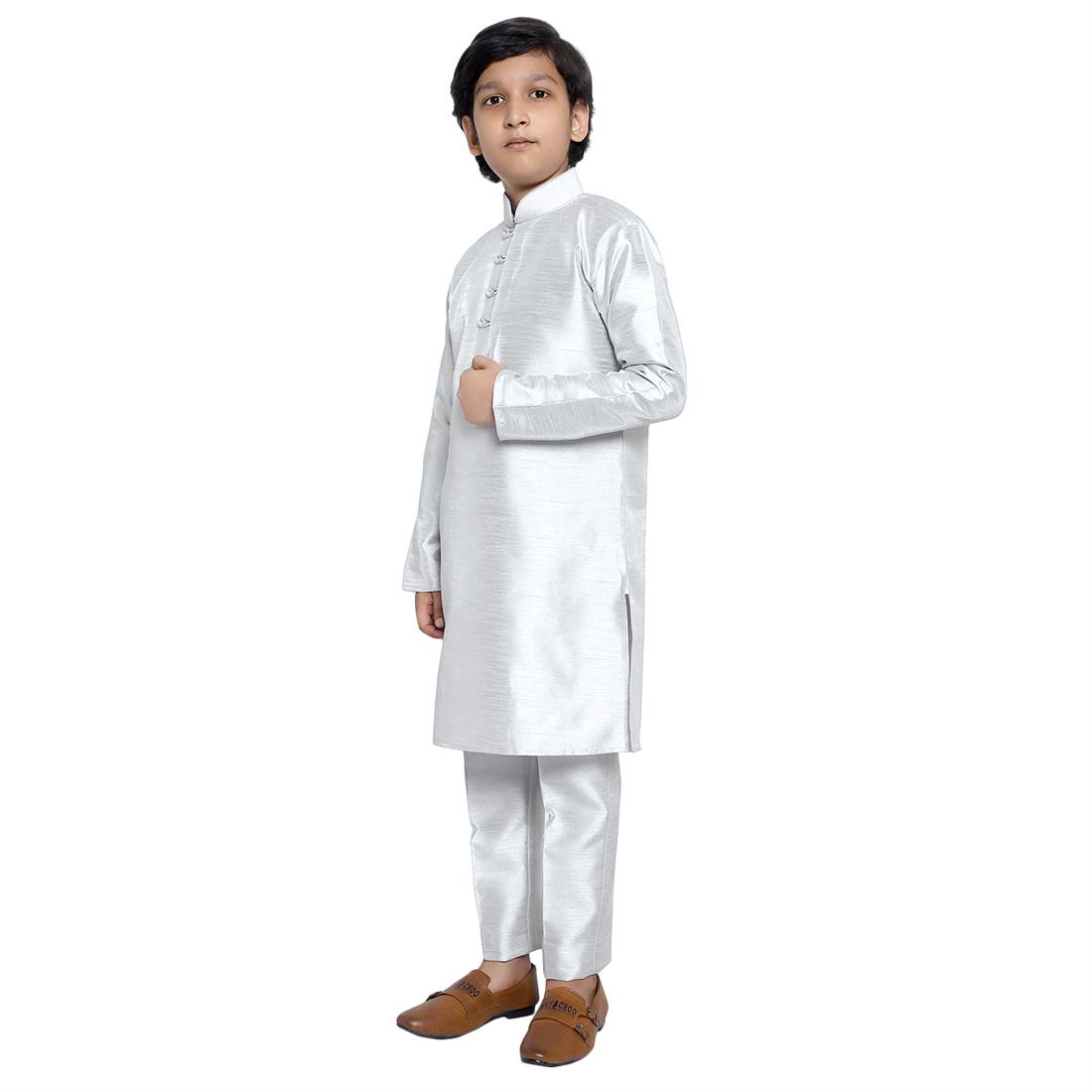 ART DUPION KURTA PAJAMA WITH BEAUTIFUL MACHINE EMBROIDERY ON THE COLLAR .