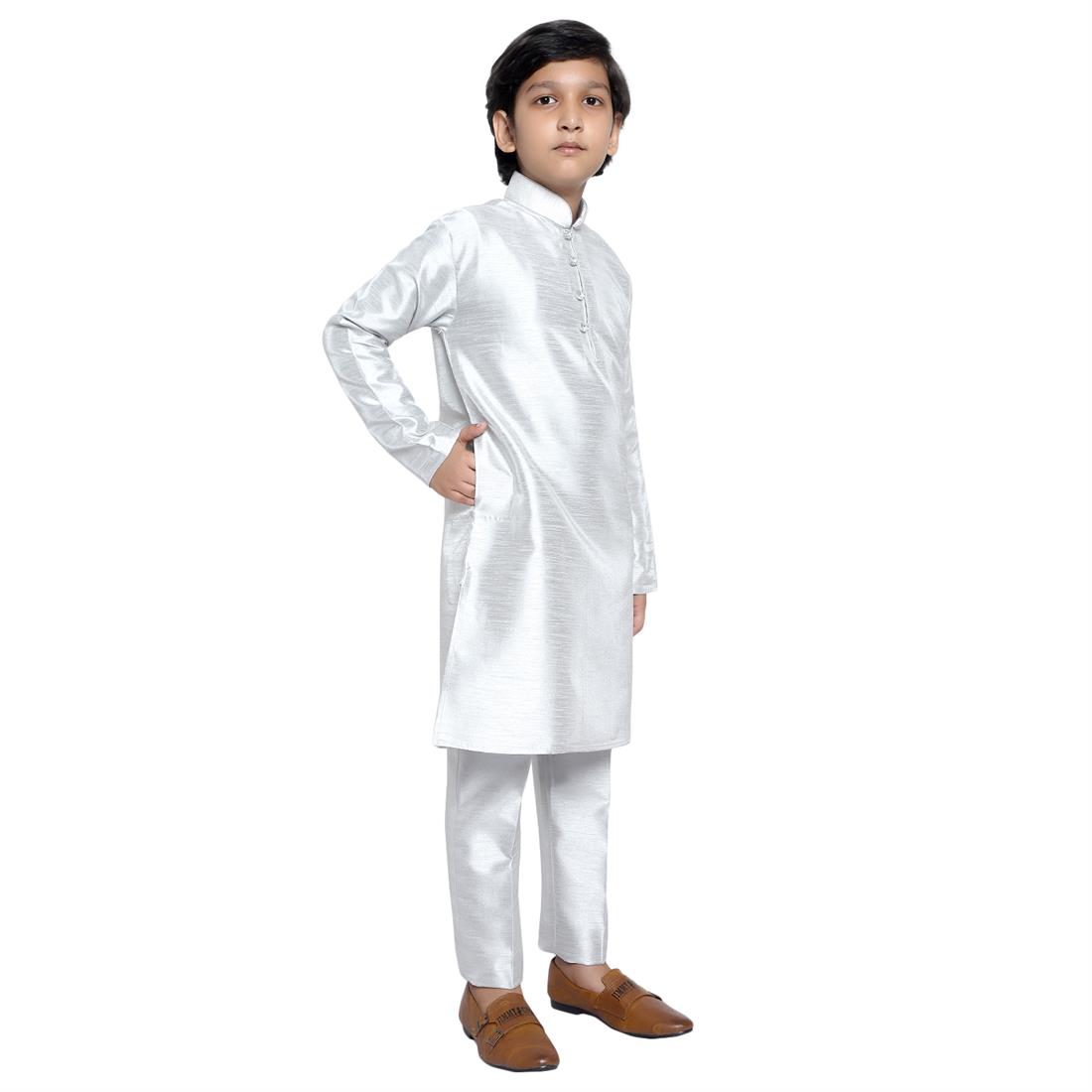 ART DUPION KURTA PAJAMA WITH BEAUTIFUL MACHINE EMBROIDERY ON THE COLLAR .