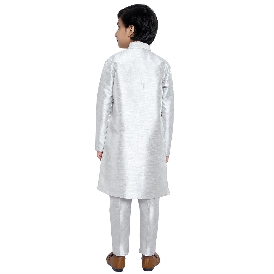 ART DUPION KURTA PAJAMA WITH BEAUTIFUL MACHINE EMBROIDERY ON THE COLLAR .