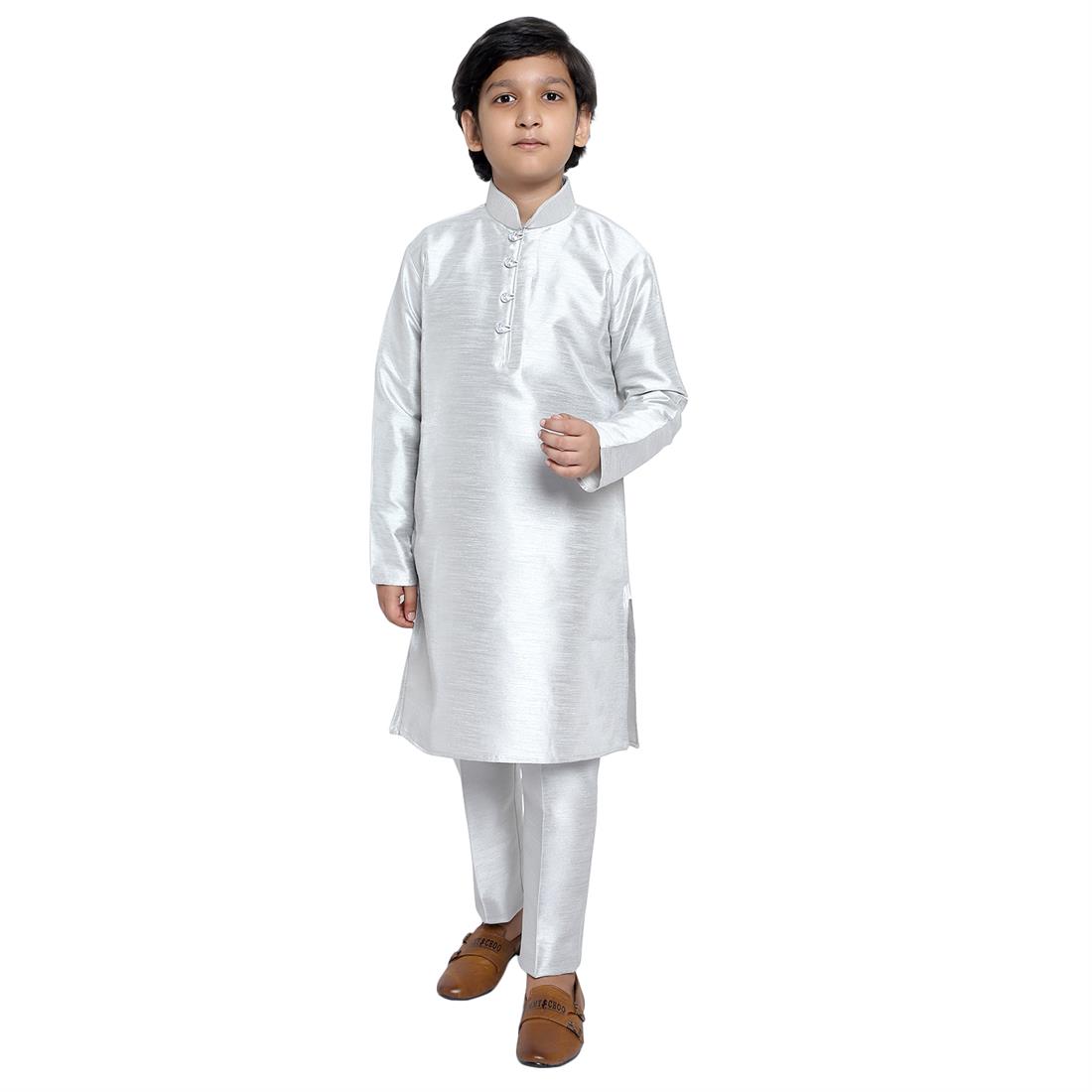 ART DUPION KURTA PAJAMA WITH BEAUTIFUL MACHINE EMBROIDERY ON THE COLLAR .