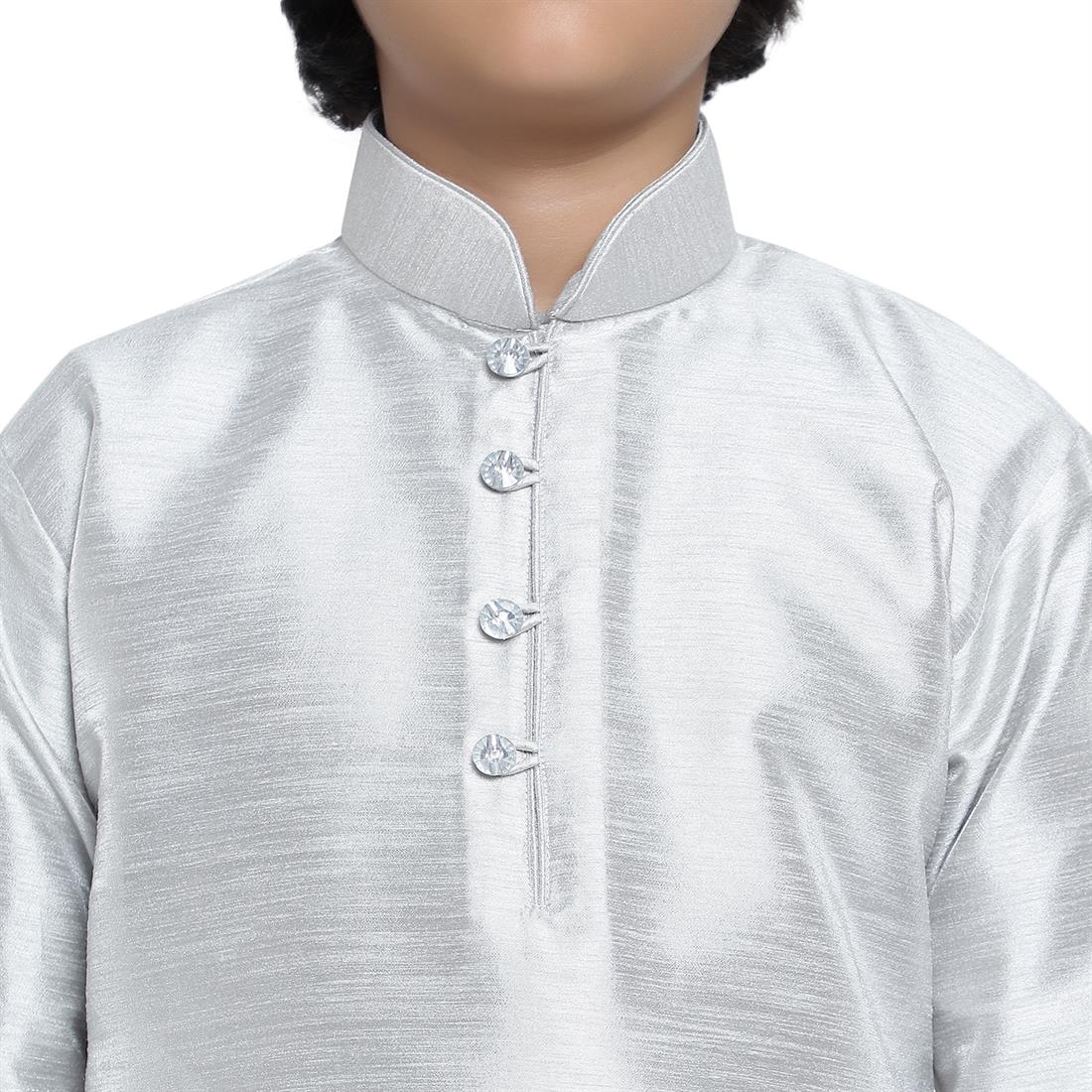 ART DUPION KURTA PAJAMA WITH BEAUTIFUL MACHINE EMBROIDERY ON THE COLLAR .
