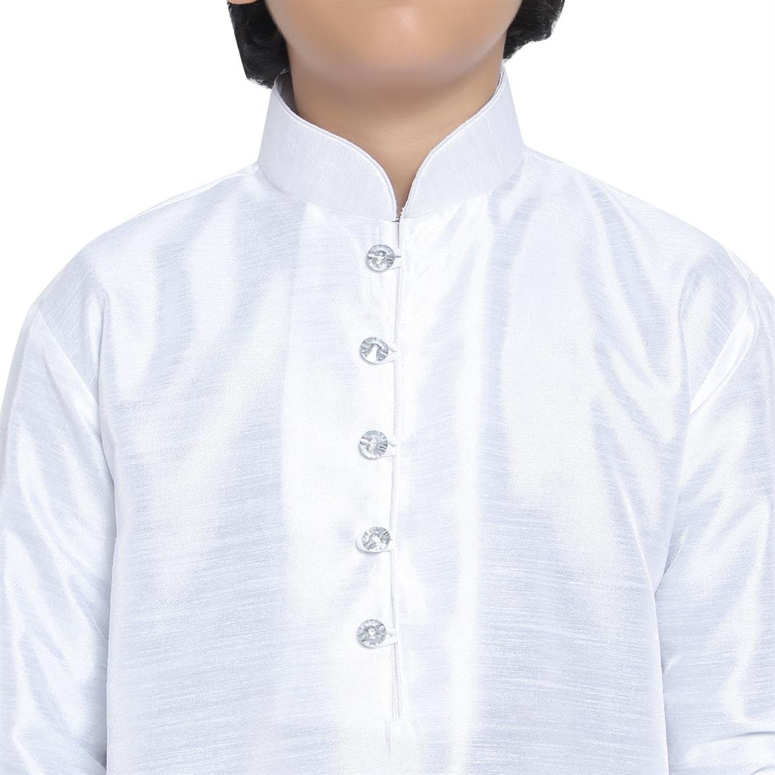 ART DUPION KURTA PAJAMA WITH BEAUTIFUL MACHINE EMBROIDERY ON THE COLLAR .