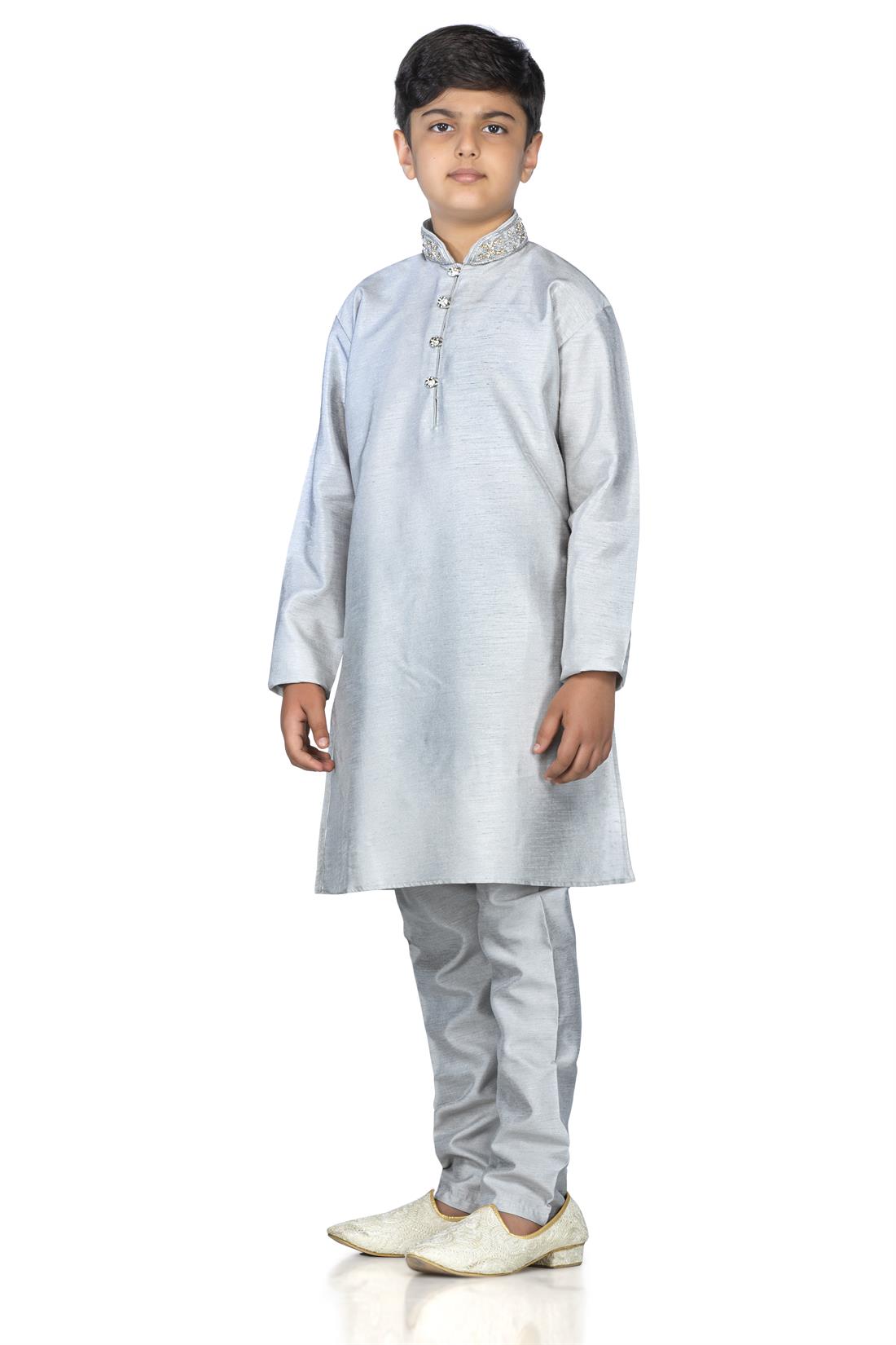 Grey Embroidered Boys Kurta Pajama