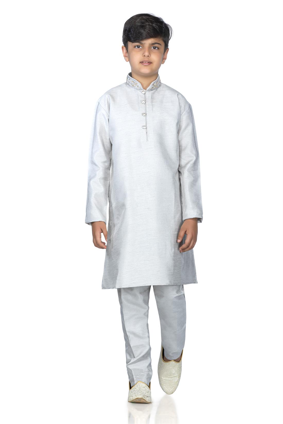 Grey Embroidered Boys Kurta Pajama