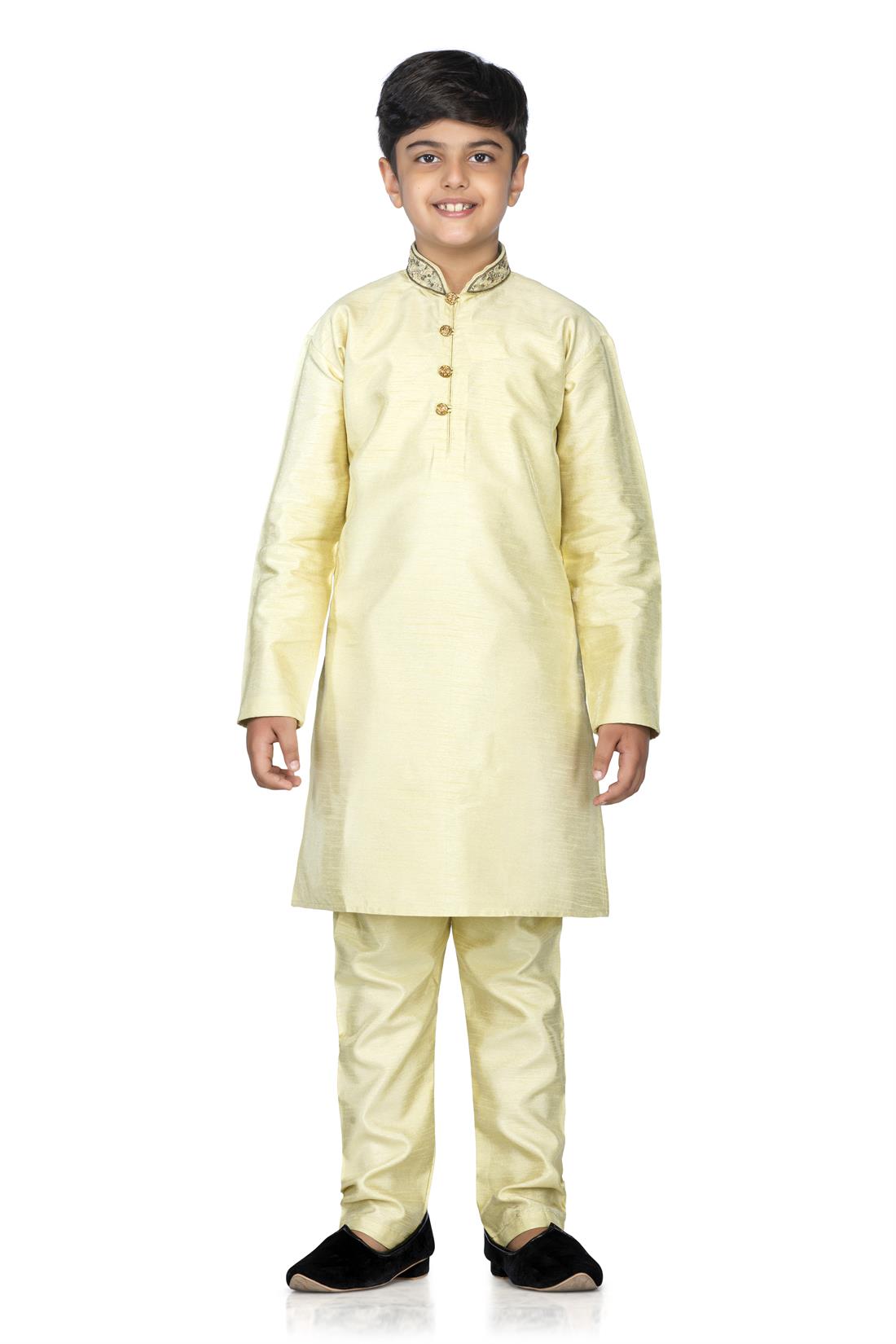 Light Gold Embroidered Silk Boys Kurta Pajama