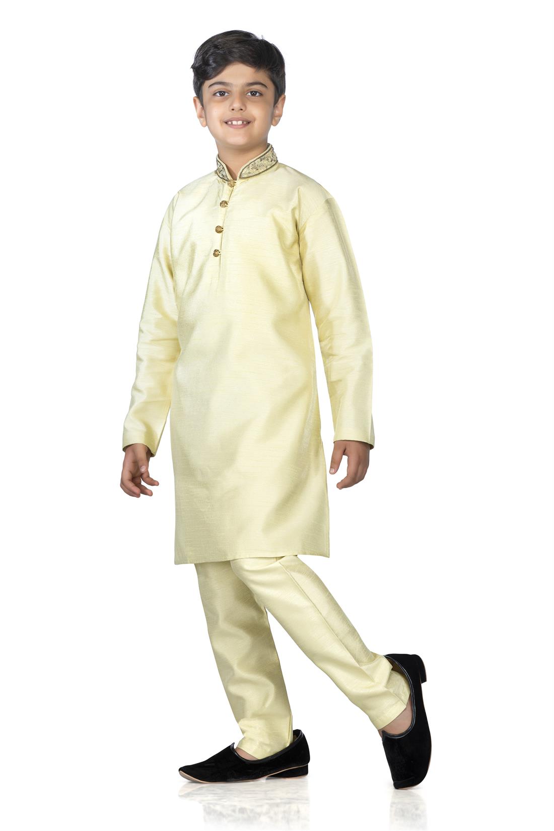 Light Gold Embroidered Silk Boys Kurta Pajama