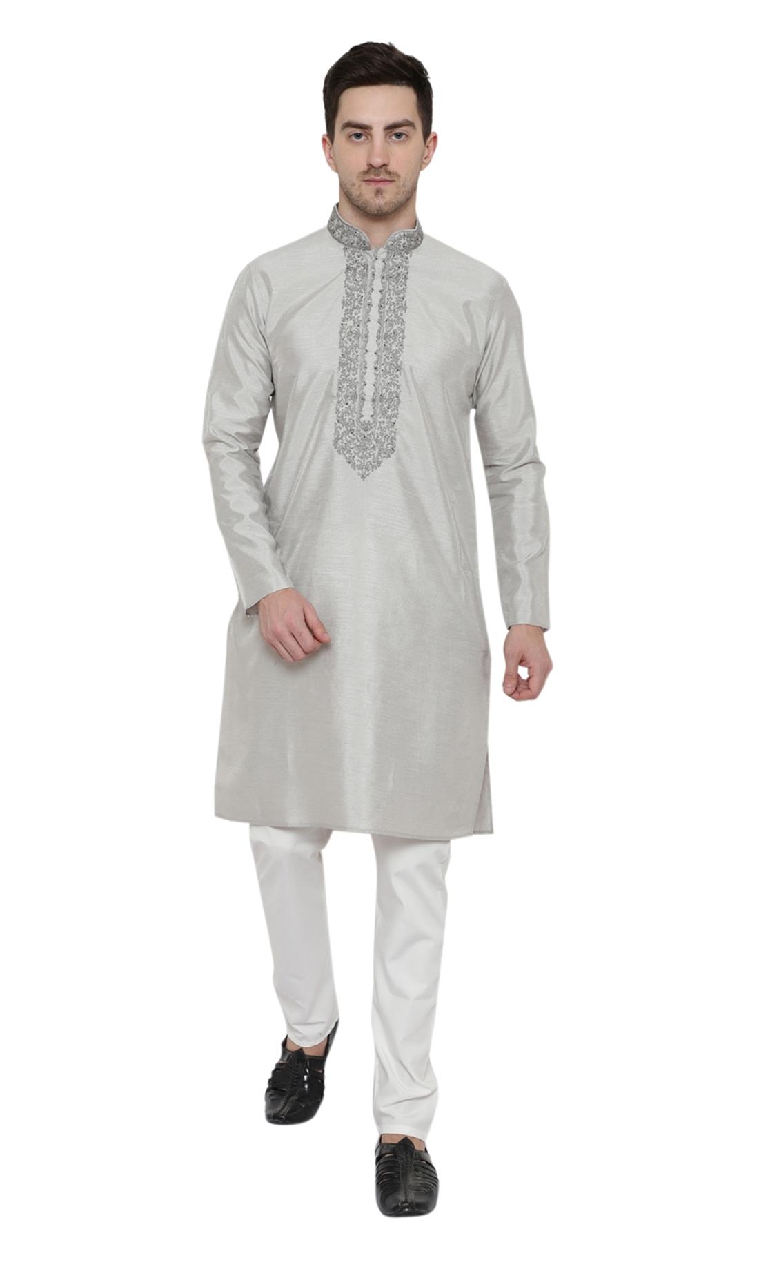 Grey Embroidered Mens Kurta Pajama