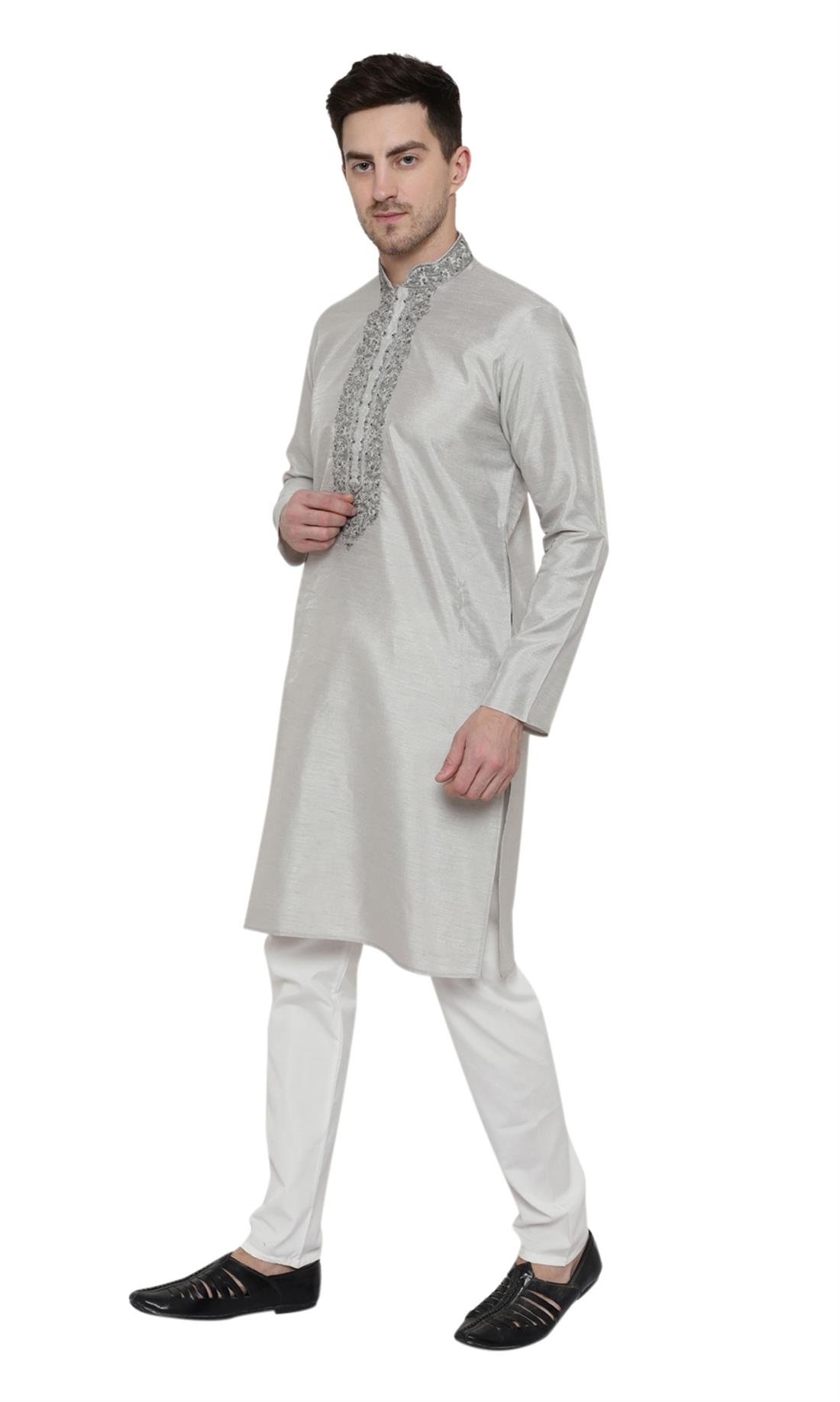 Grey Embroidered Mens Kurta Pajama