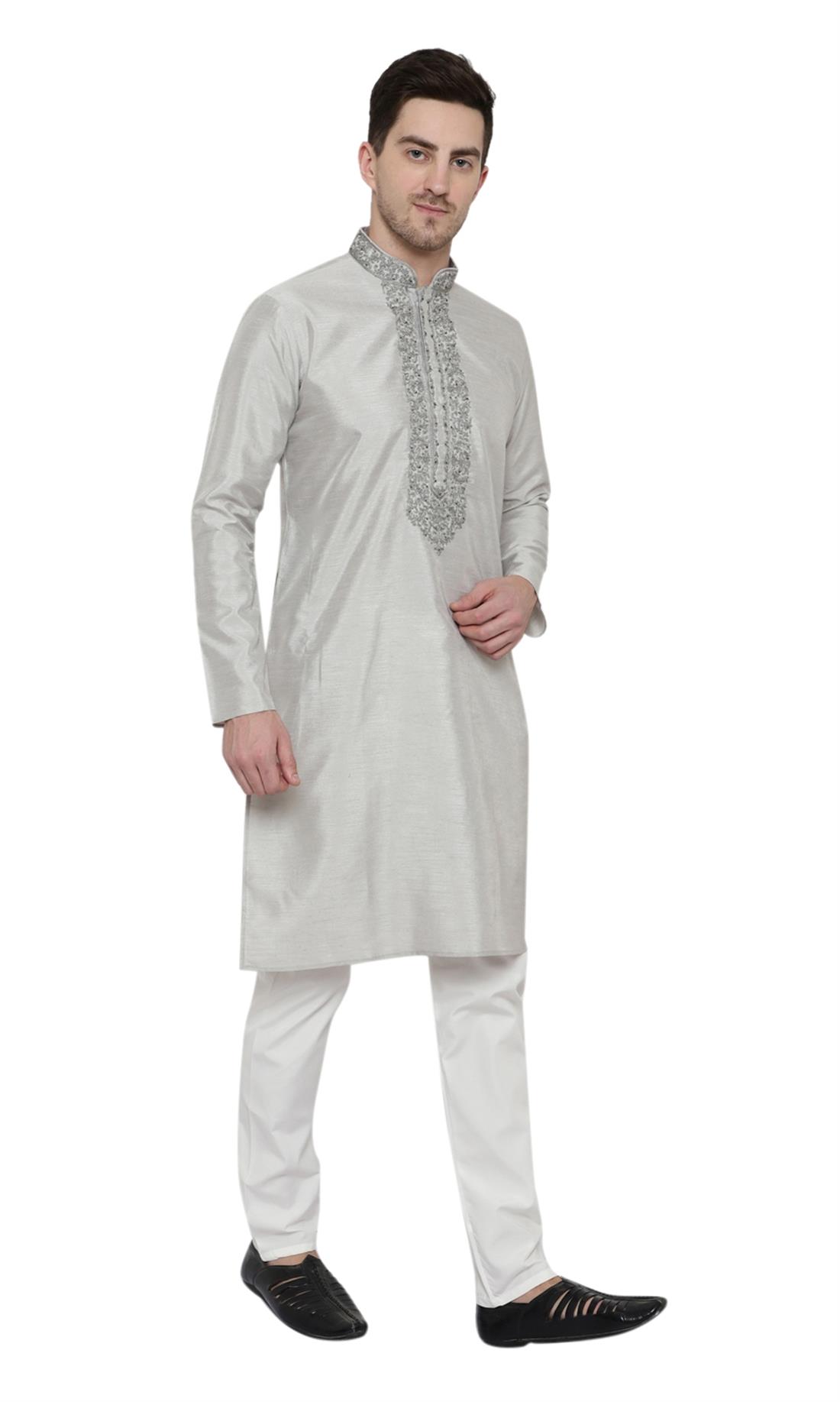 Grey Embroidered Mens Kurta Pajama