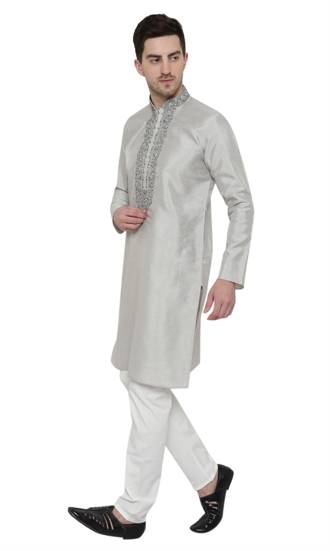 Grey Embroidered Mens Kurta Pajama