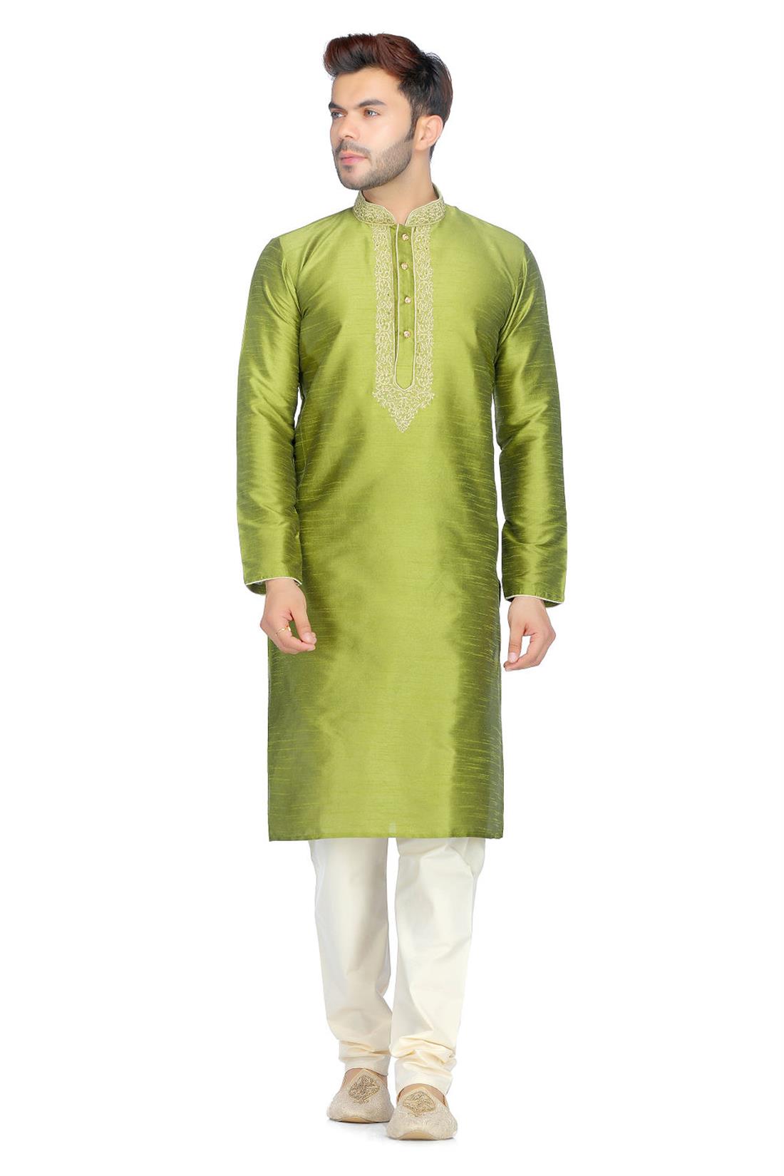 Green & Gold Embroidered Mens Kurta Pajama
