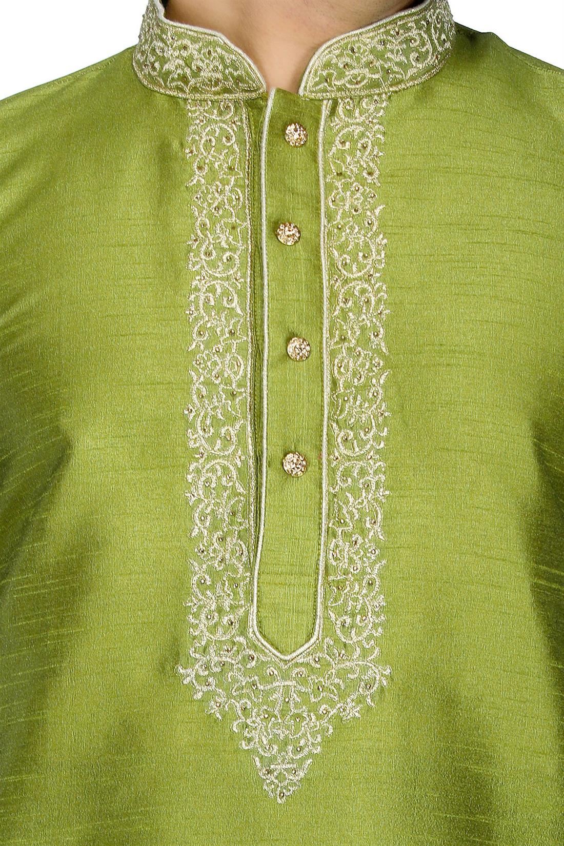 Green & Gold Embroidered Mens Kurta Pajama