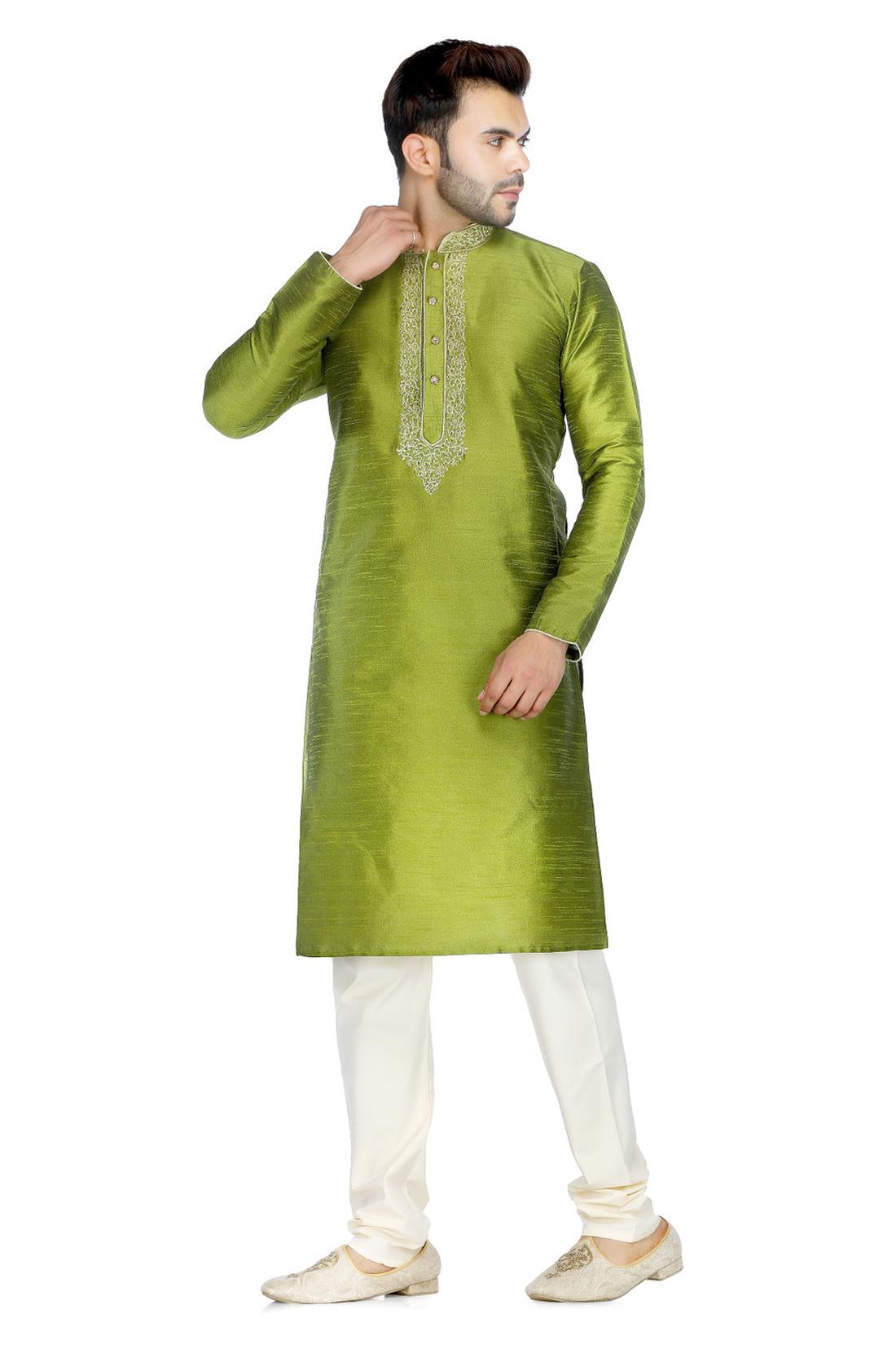 Green & Gold Embroidered Mens Kurta Pajama