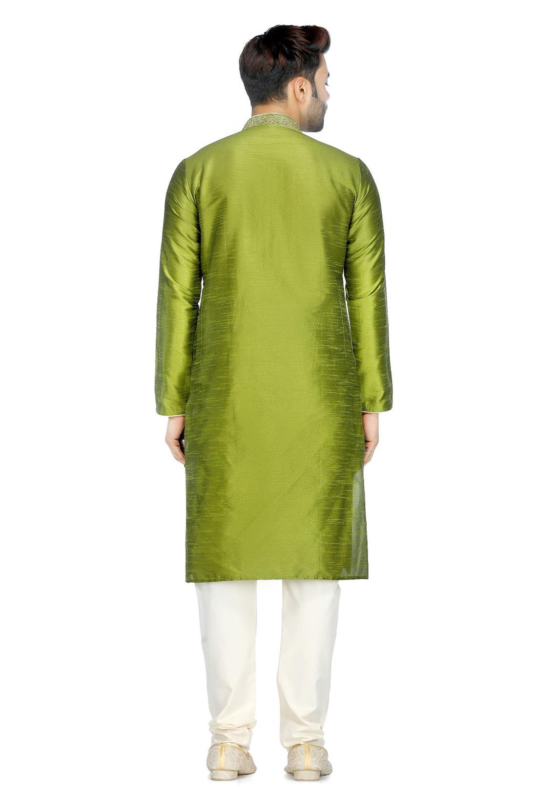Green & Gold Embroidered Mens Kurta Pajama