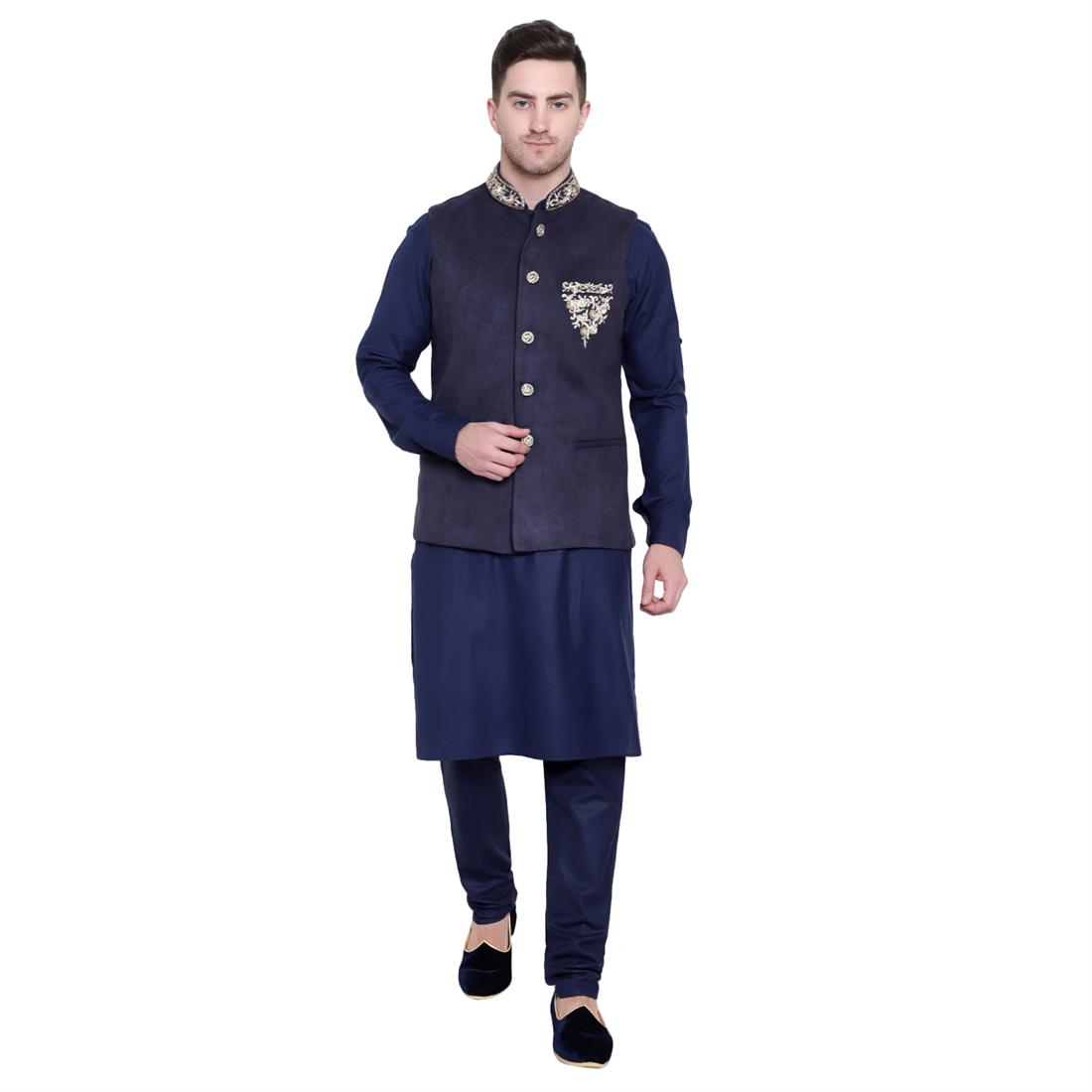 Mens Navy Waistcoat in Brocade fabric with Embroidery Embellishment