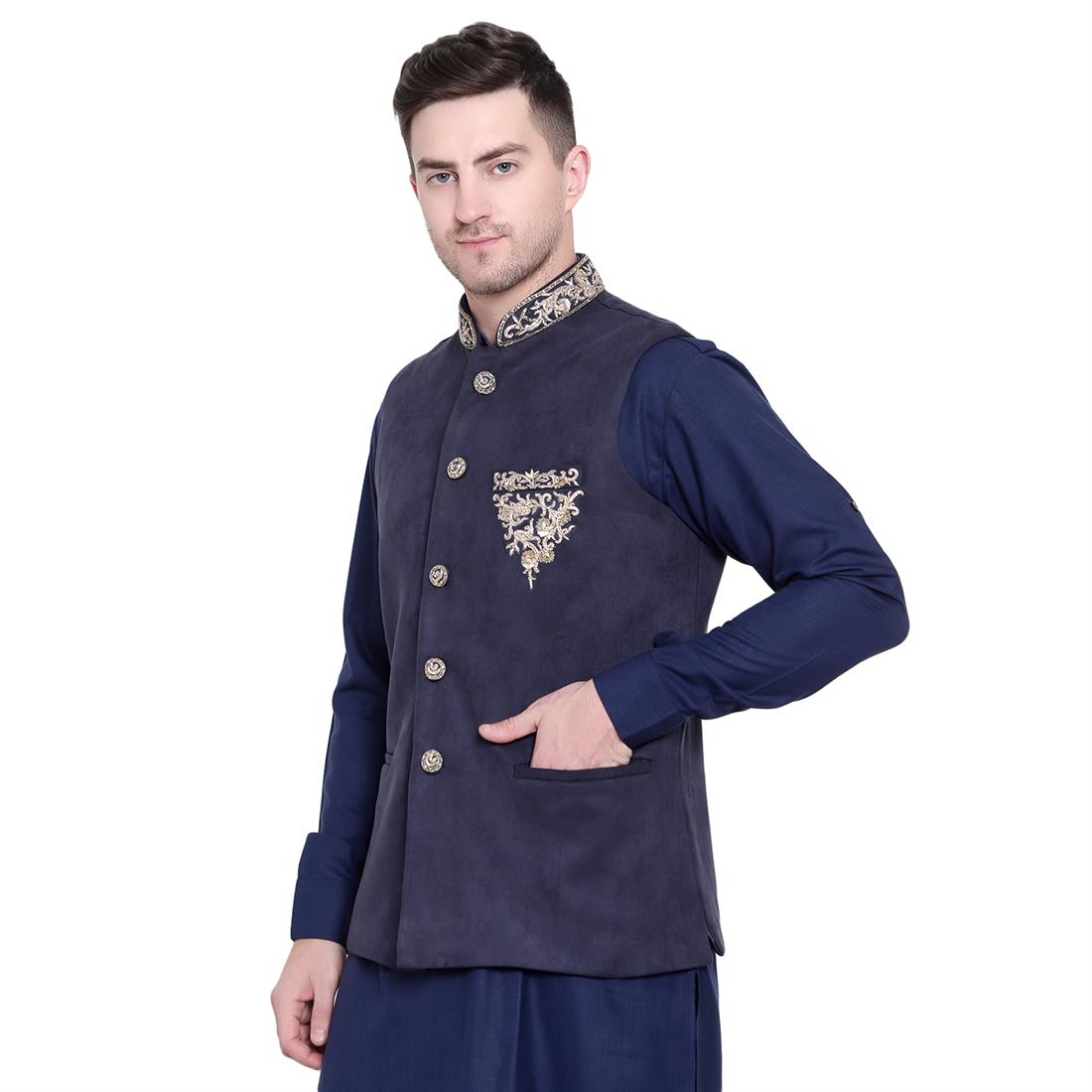 Mens Navy Waistcoat in Brocade fabric with Embroidery Embellishment