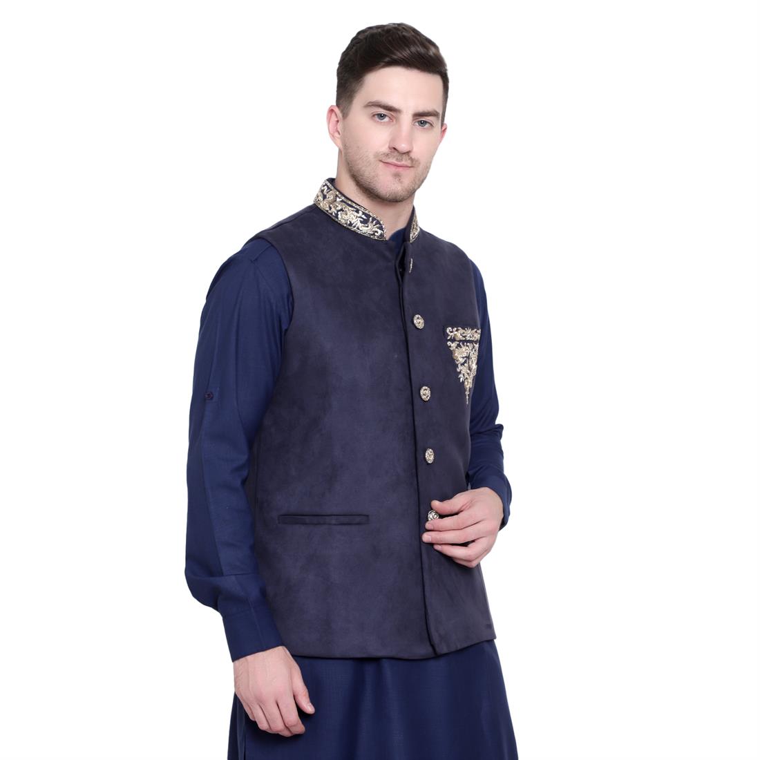 Mens Navy Waistcoat in Brocade fabric with Embroidery Embellishment