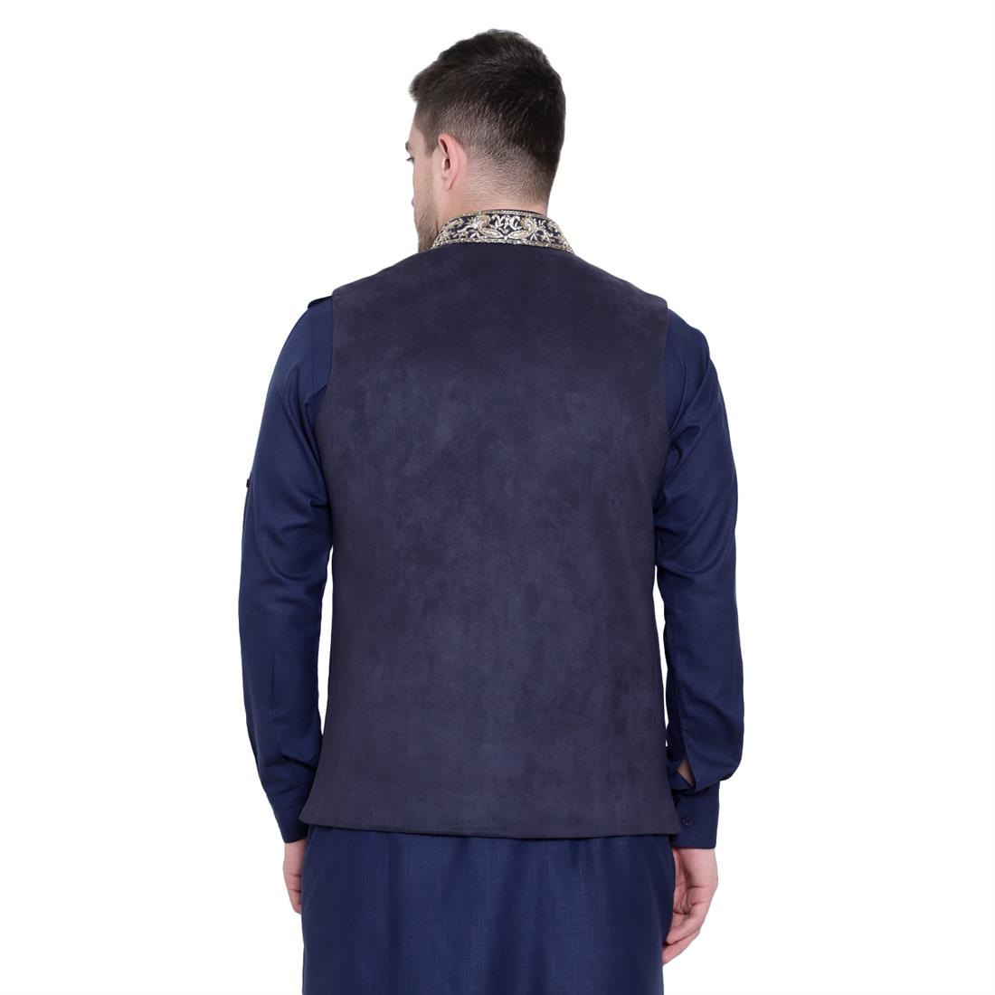 Mens Navy Waistcoat in Brocade fabric with Embroidery Embellishment
