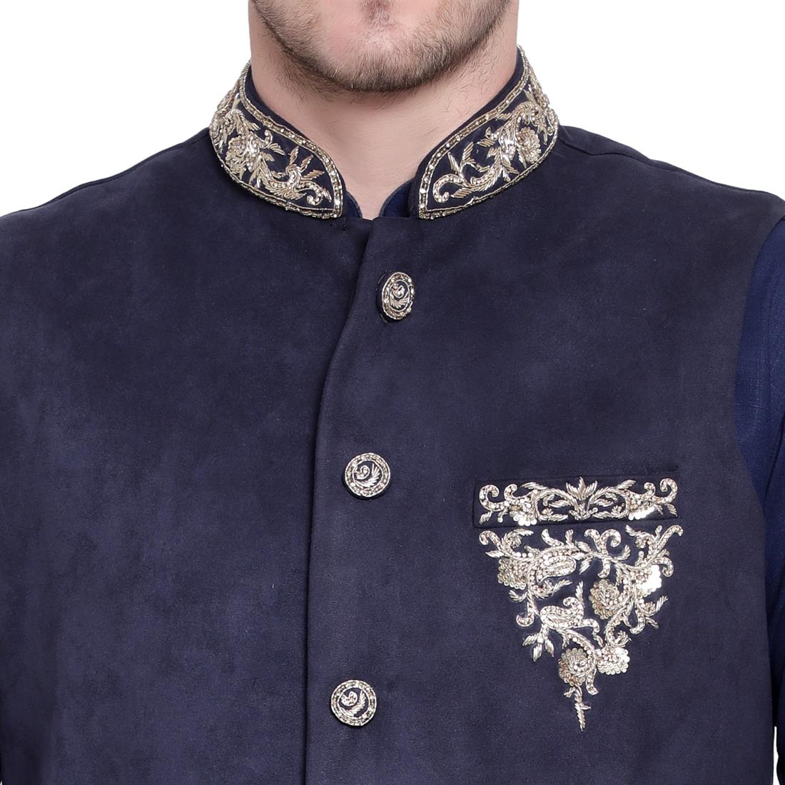 Mens Navy Waistcoat in Brocade fabric with Embroidery Embellishment