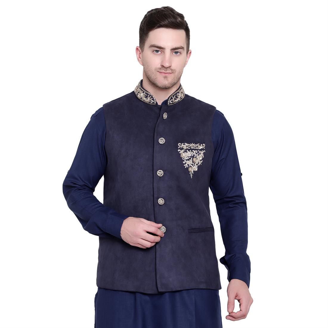 Mens Navy Waistcoat in Brocade fabric with Embroidery Embellishment