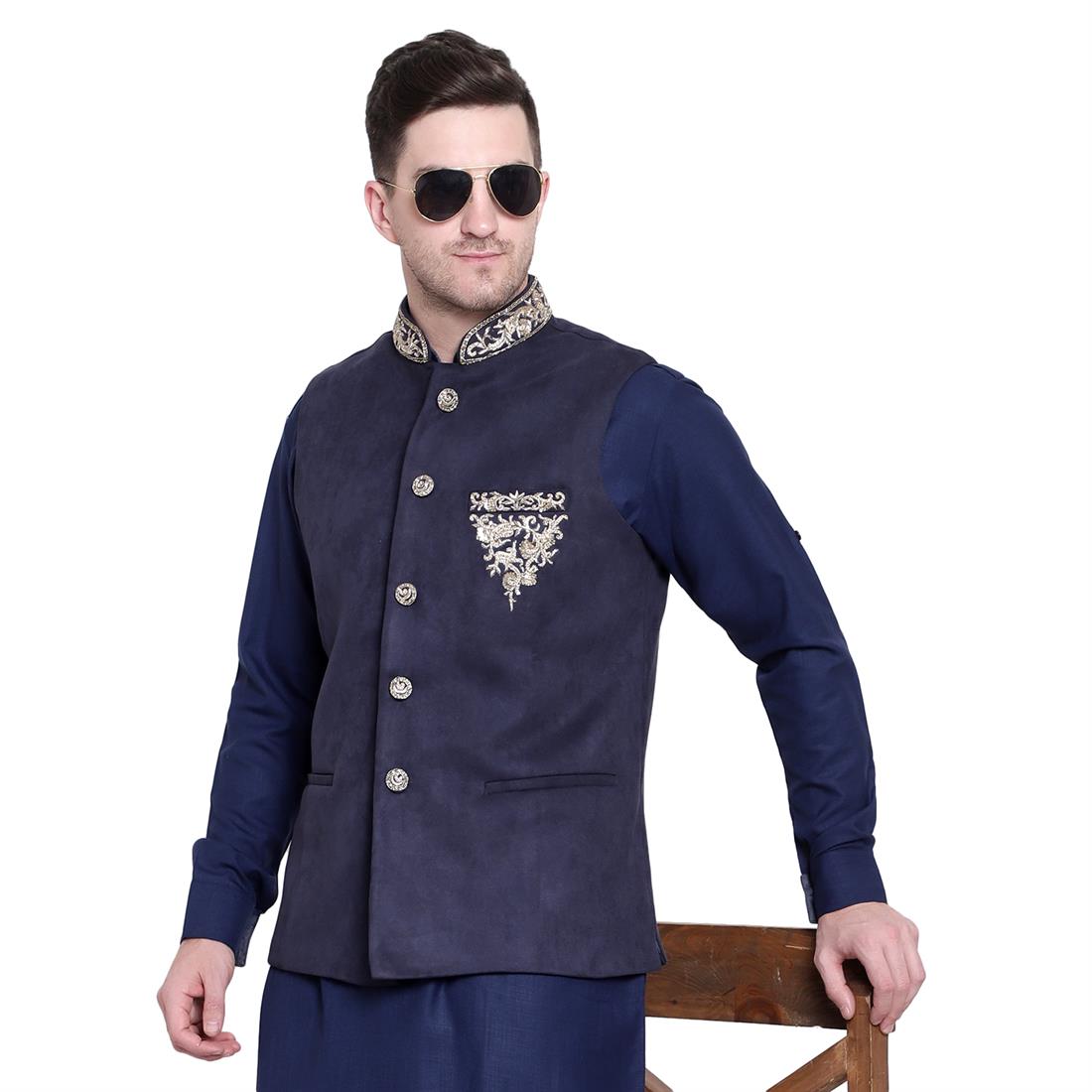 Mens Navy Waistcoat in Brocade fabric with Embroidery Embellishment