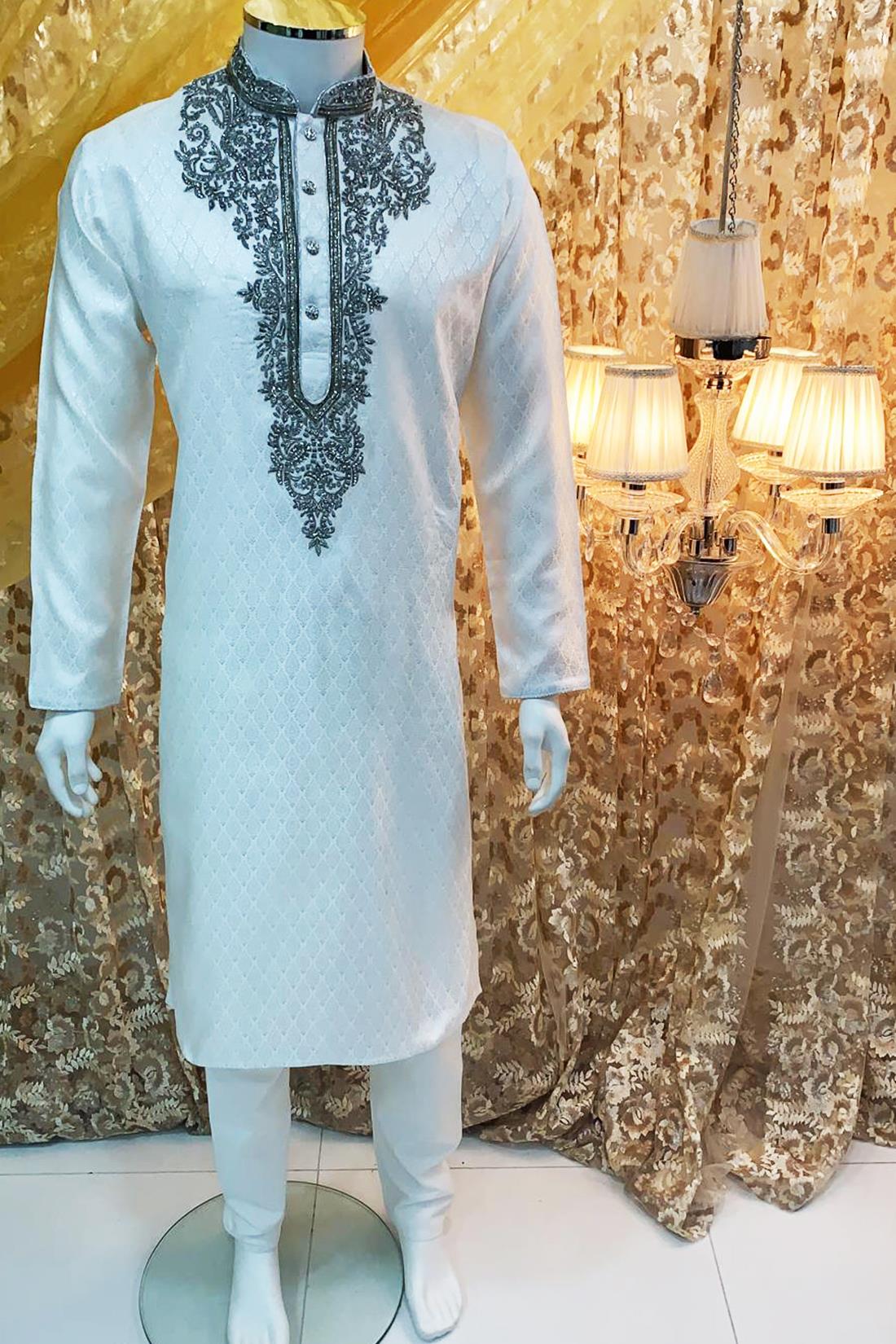 Ivory Embroidered Mens Kurta Pajama