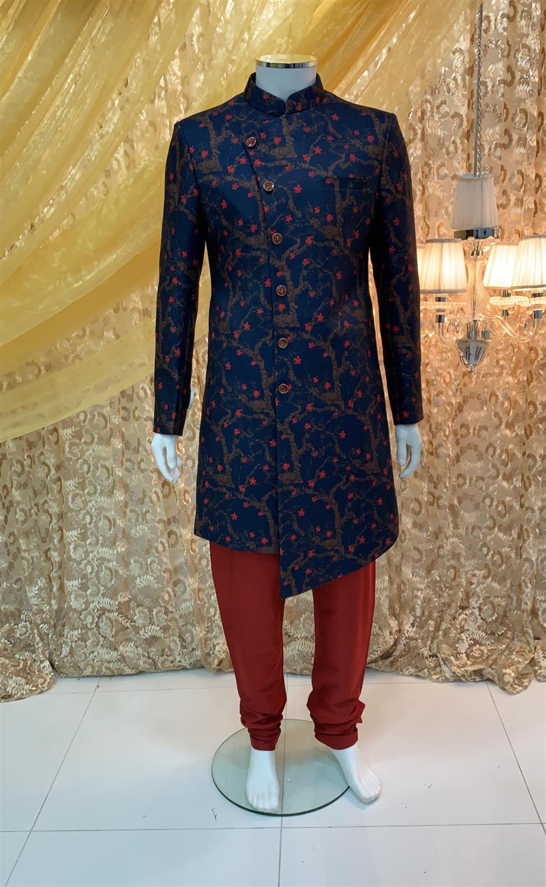 Navy Printed Mens Sherwani