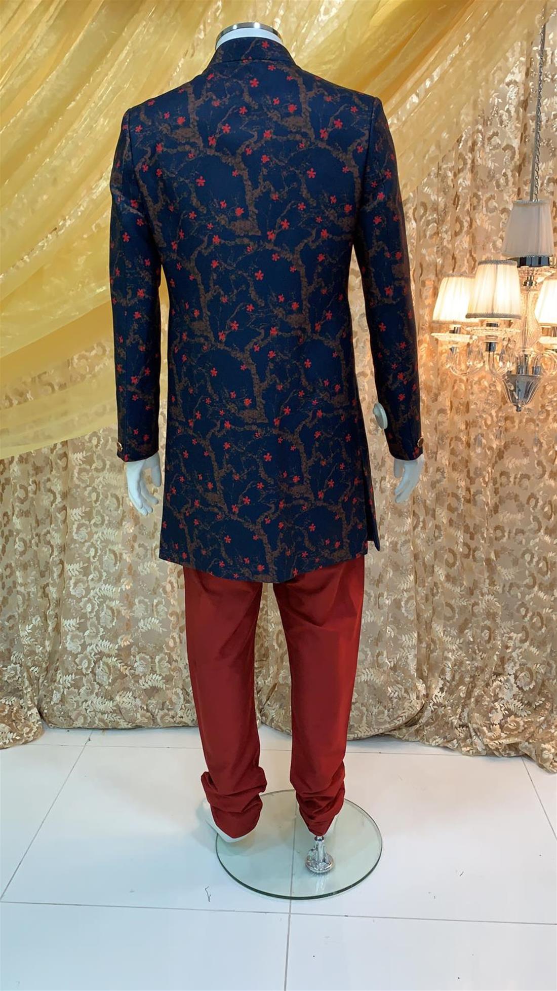 Navy Printed Mens Sherwani