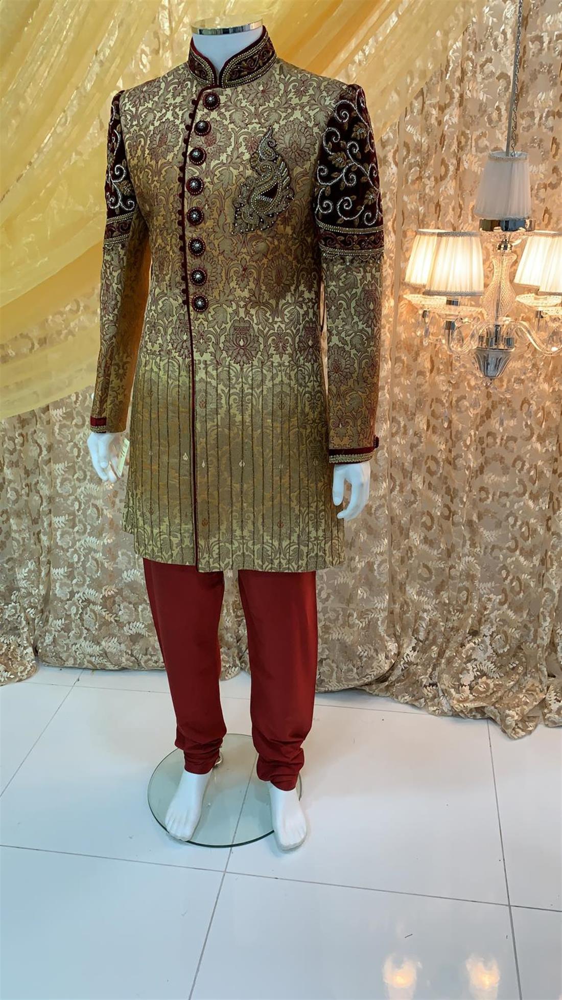 Light Gold Embroidered Velvet Mens Sherwani