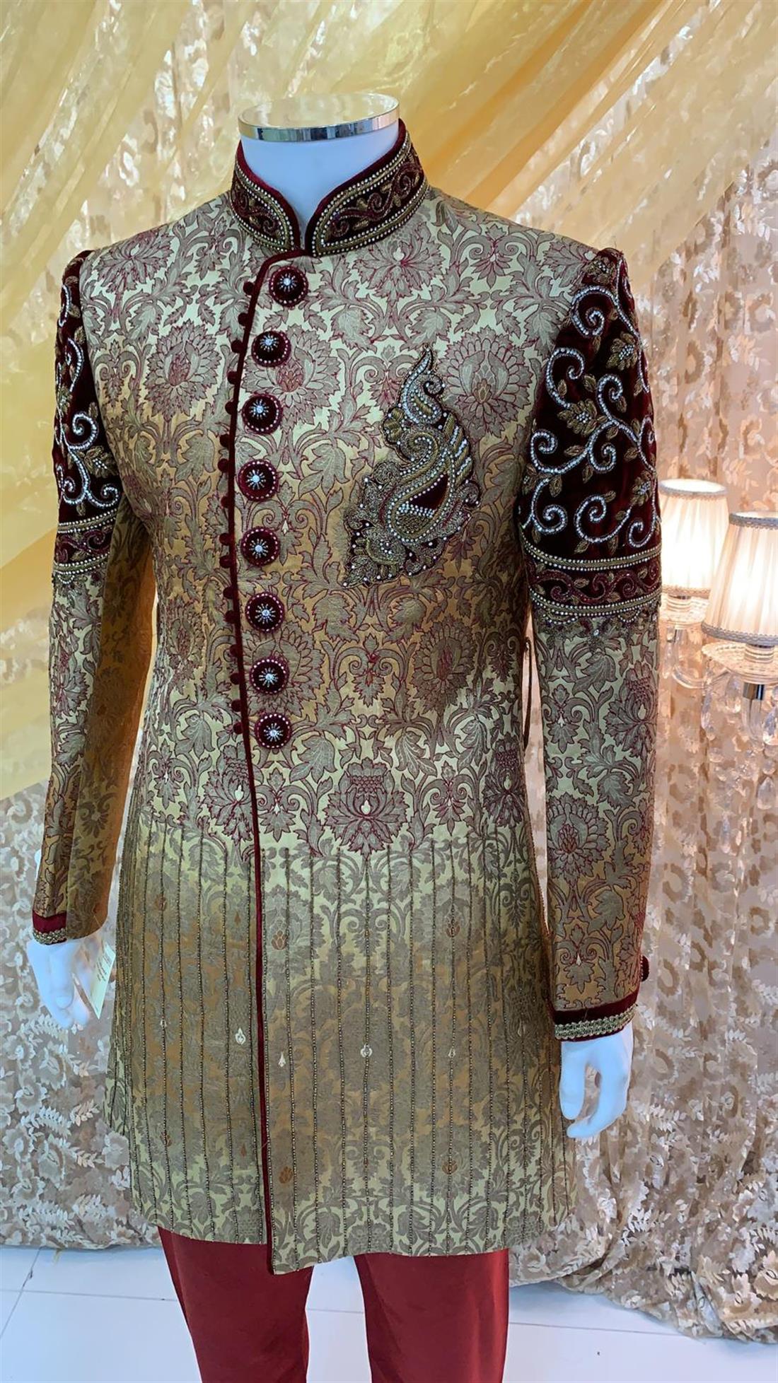 Light Gold Embroidered Velvet Mens Sherwani