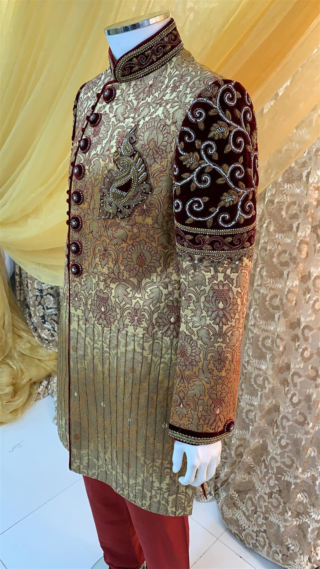 Light Gold Embroidered Velvet Mens Sherwani