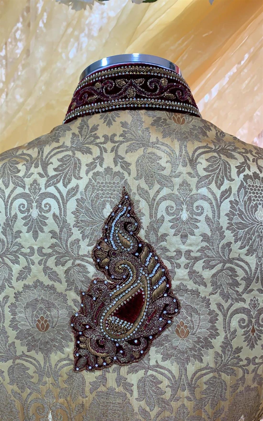 Light Gold Embroidered Velvet Mens Sherwani