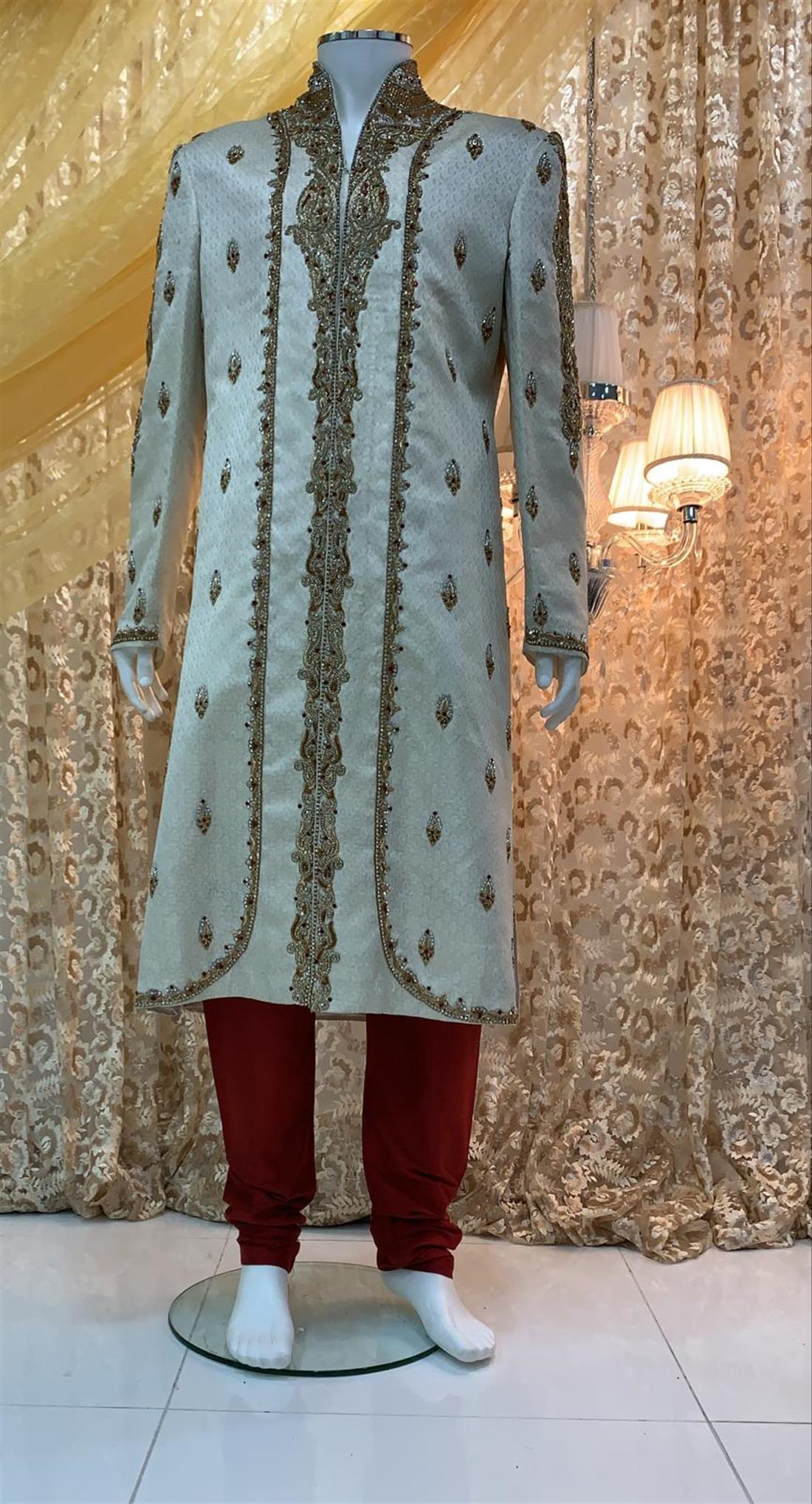 Light Gold Embroidered Mens Sherwani