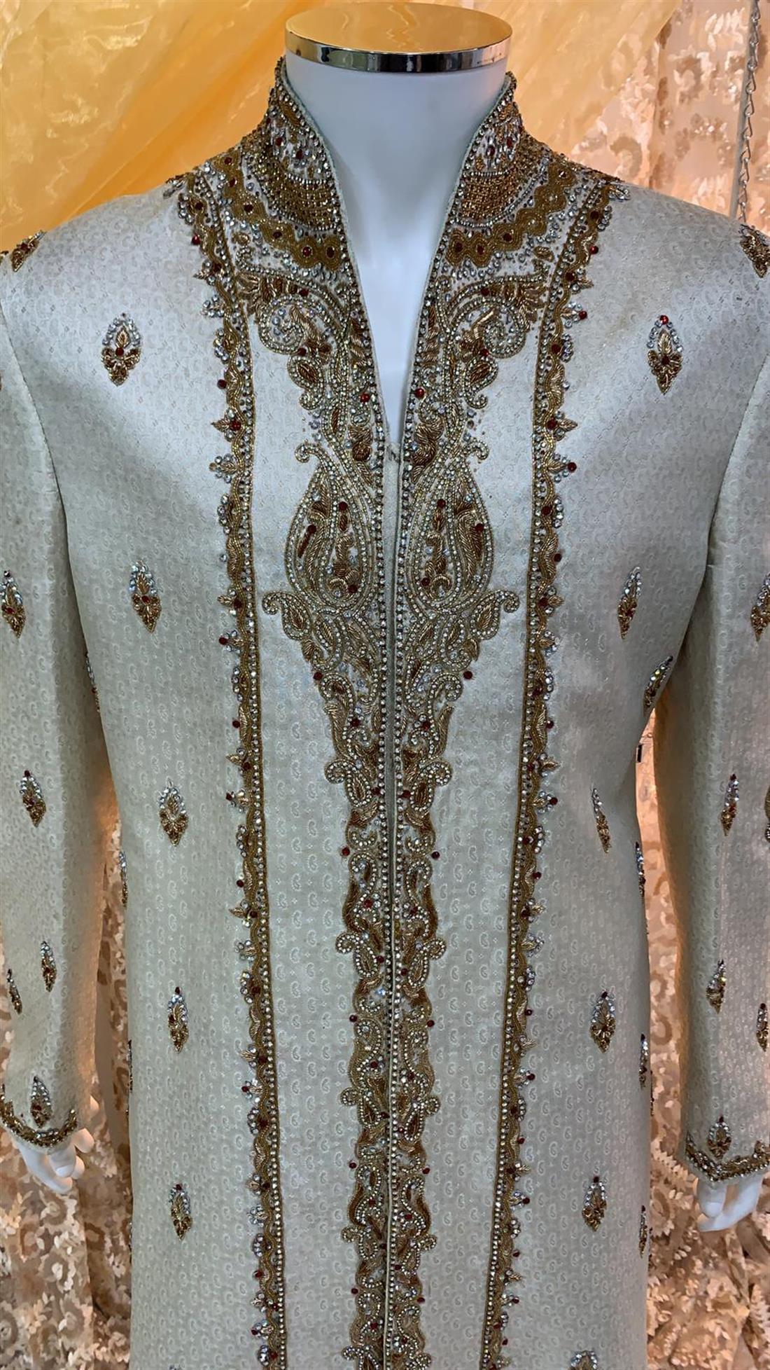 Light Gold Embroidered Mens Sherwani