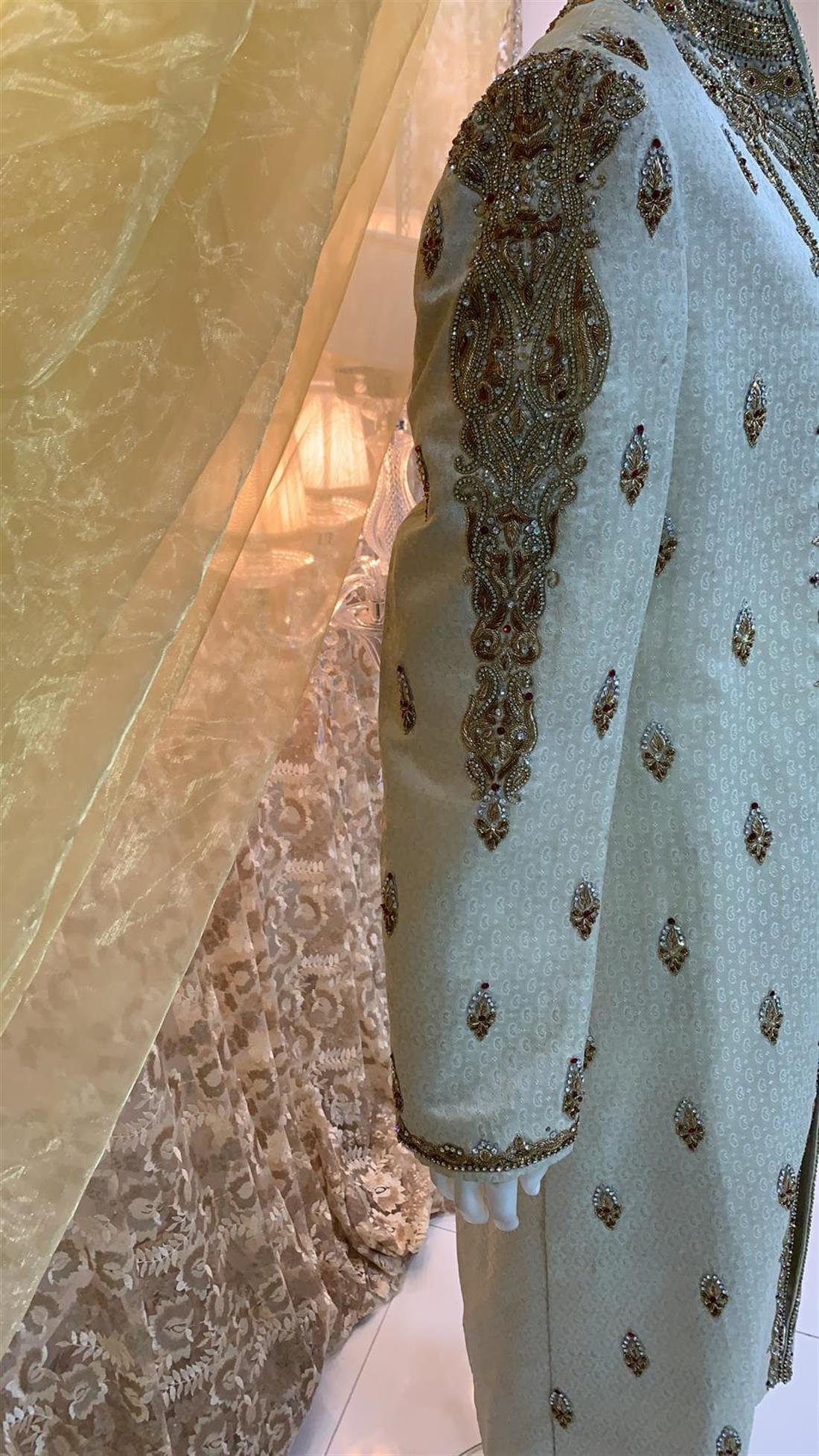 Light Gold Embroidered Mens Sherwani
