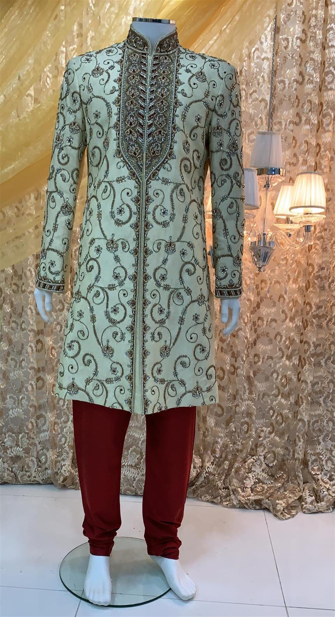 Light Gold Embroidered Mens Sherwani
