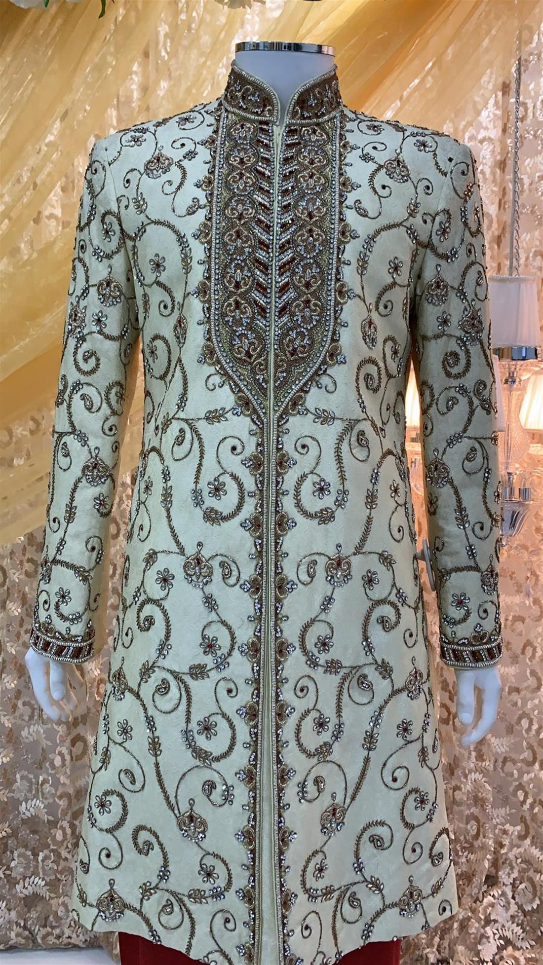 Light Gold Embroidered Mens Sherwani